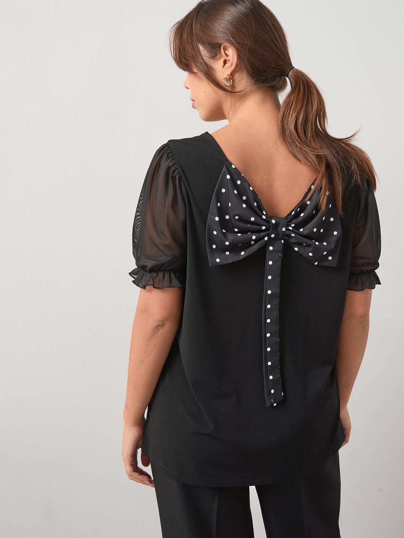 V by Very Curve Spot Bow Back Short Sleeve Top - Black