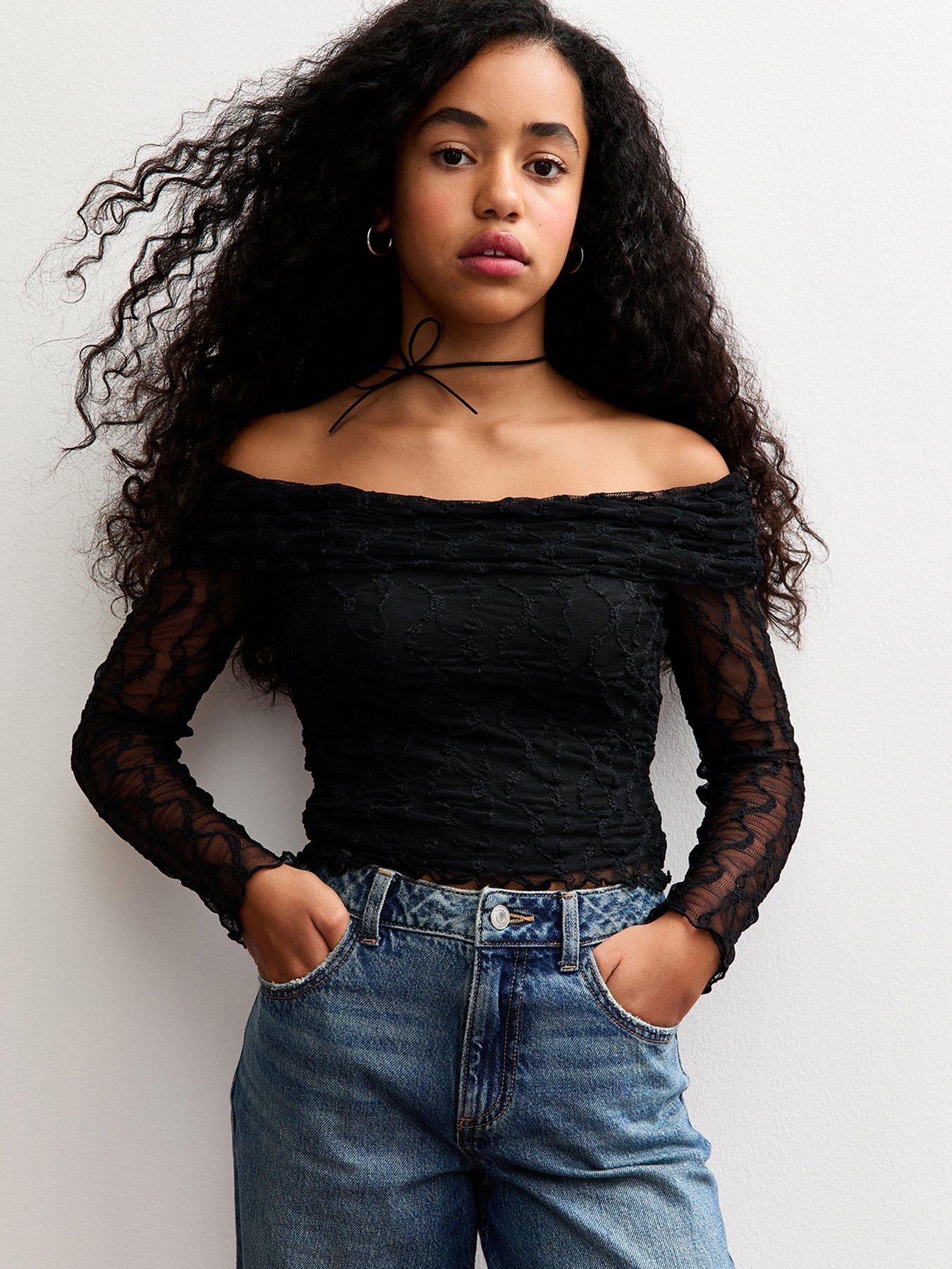 new-look-915-girls-lace-long-sleeve-bardot-top-black