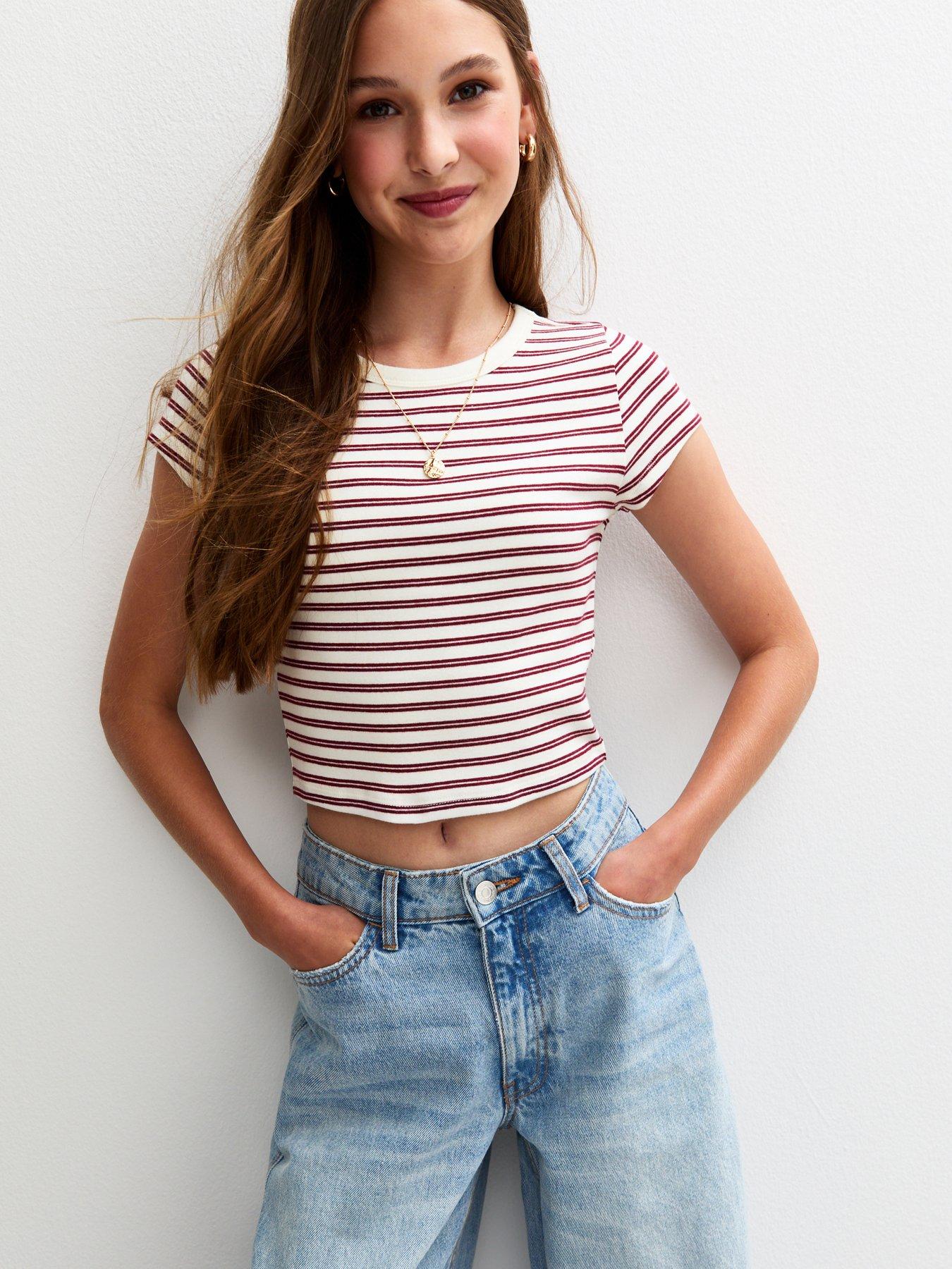 New Look 915 Girls Cream Stripe Cap Sleeve Baby Tee T-shirt