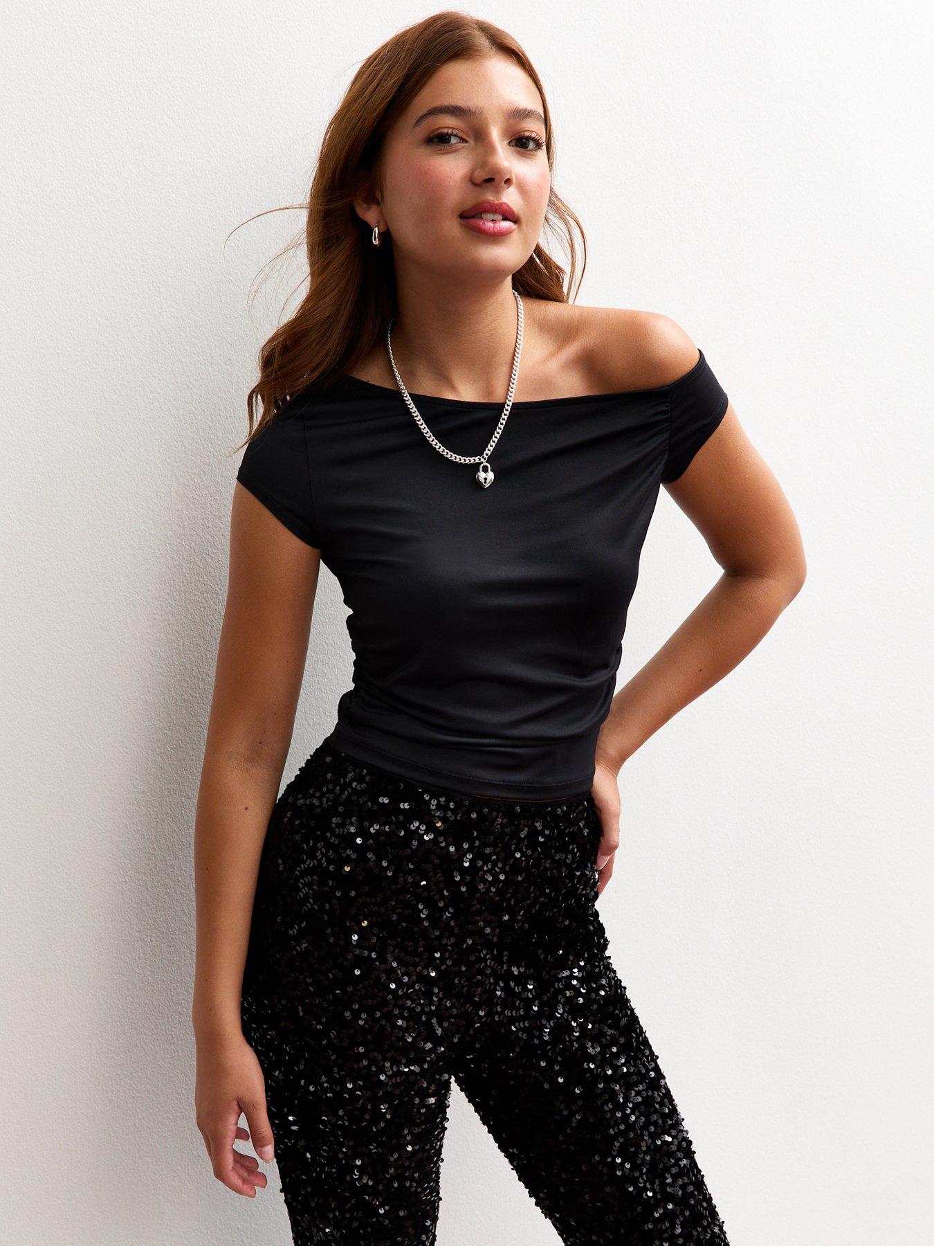 Image 1 of 4 of New Look 915 Girls Slinky One Shoulder Top - Black