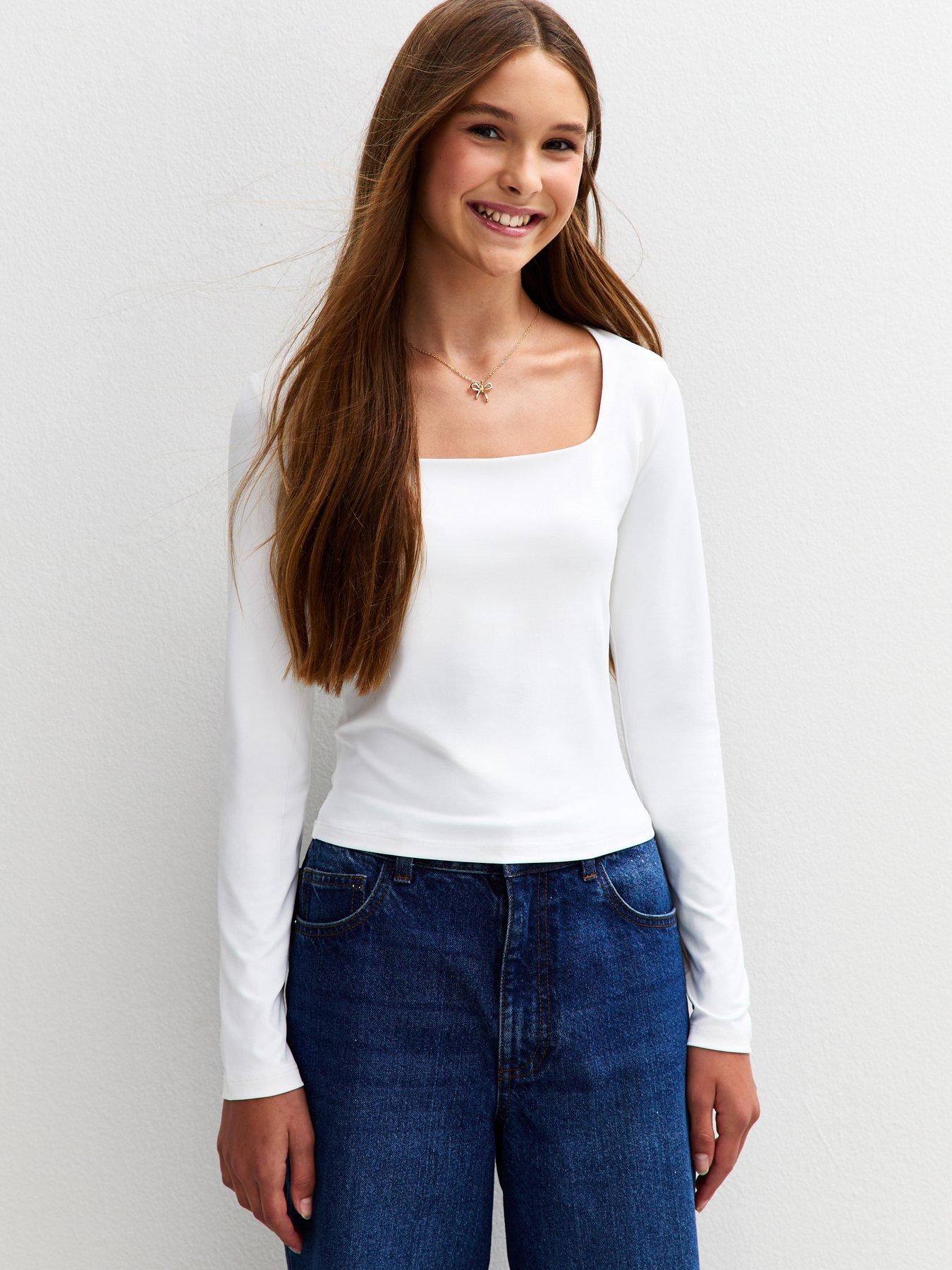 New Look 915 Girls Long Sleeve Square Neck Top - White