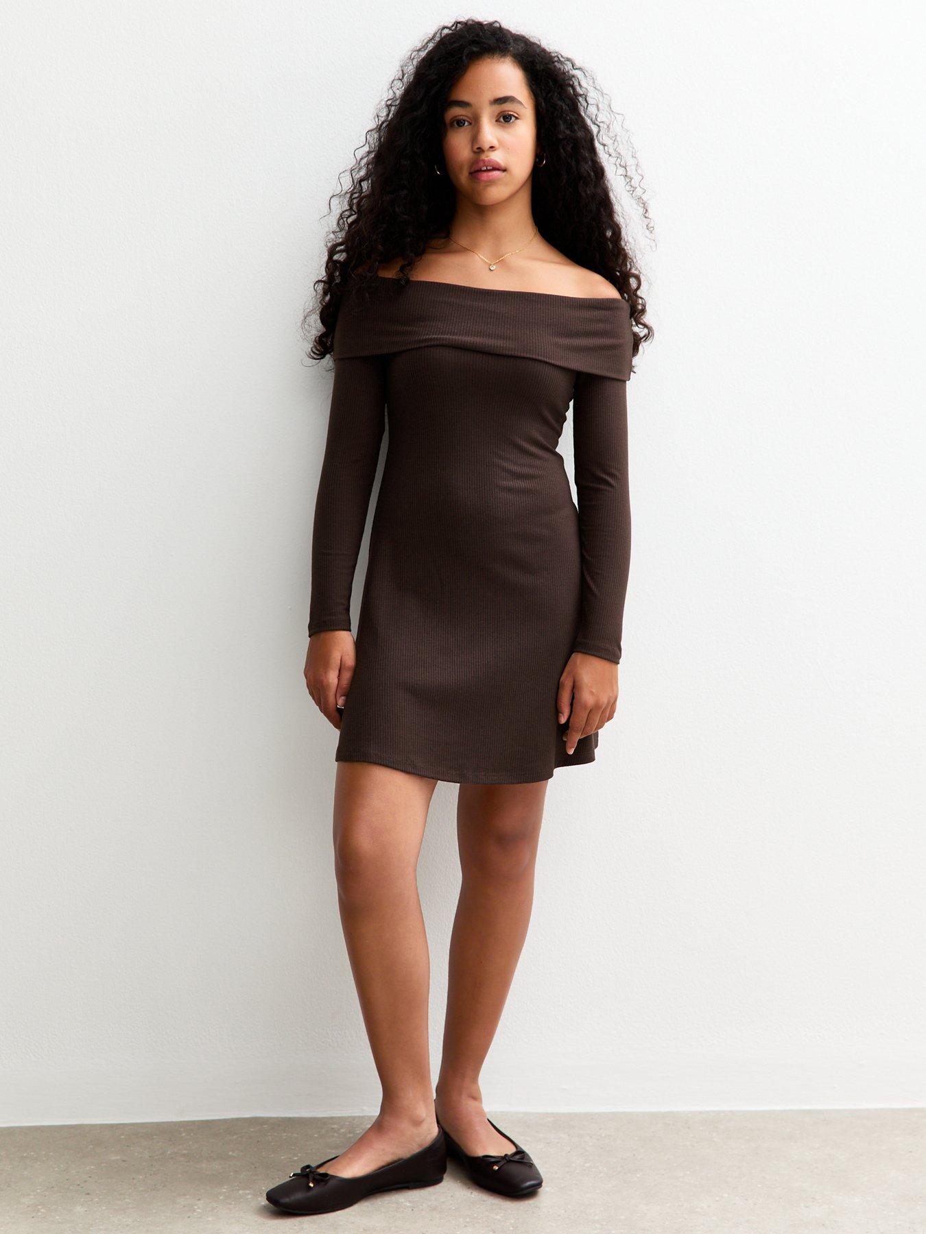 New Look 915 Girls Bardot Ribbed Long Sleeve Dress - Dark Brown