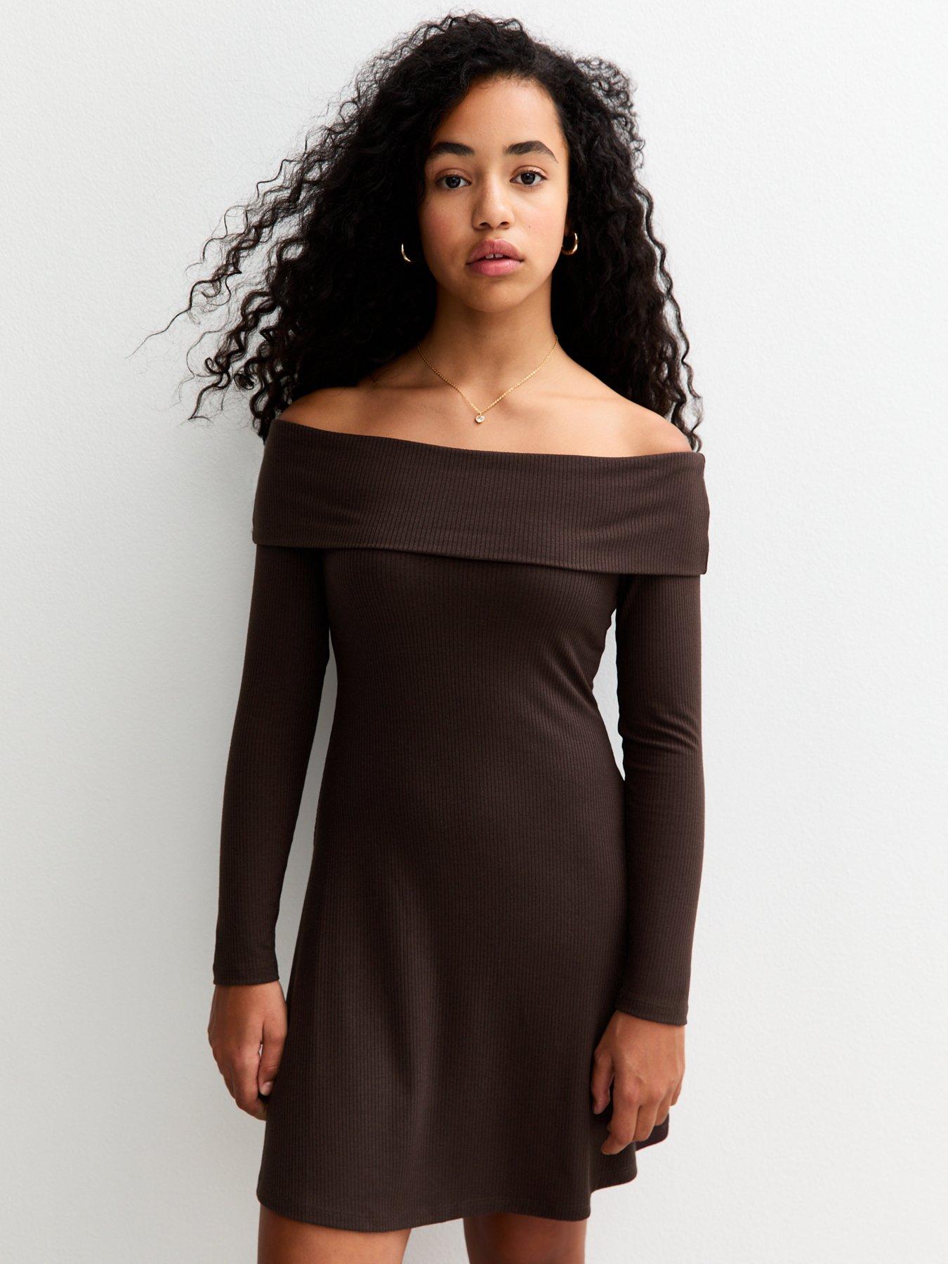 New Look 915 Girls Bardot Ribbed Long Sleeve Dress - Dark Brown | Very  Ireland