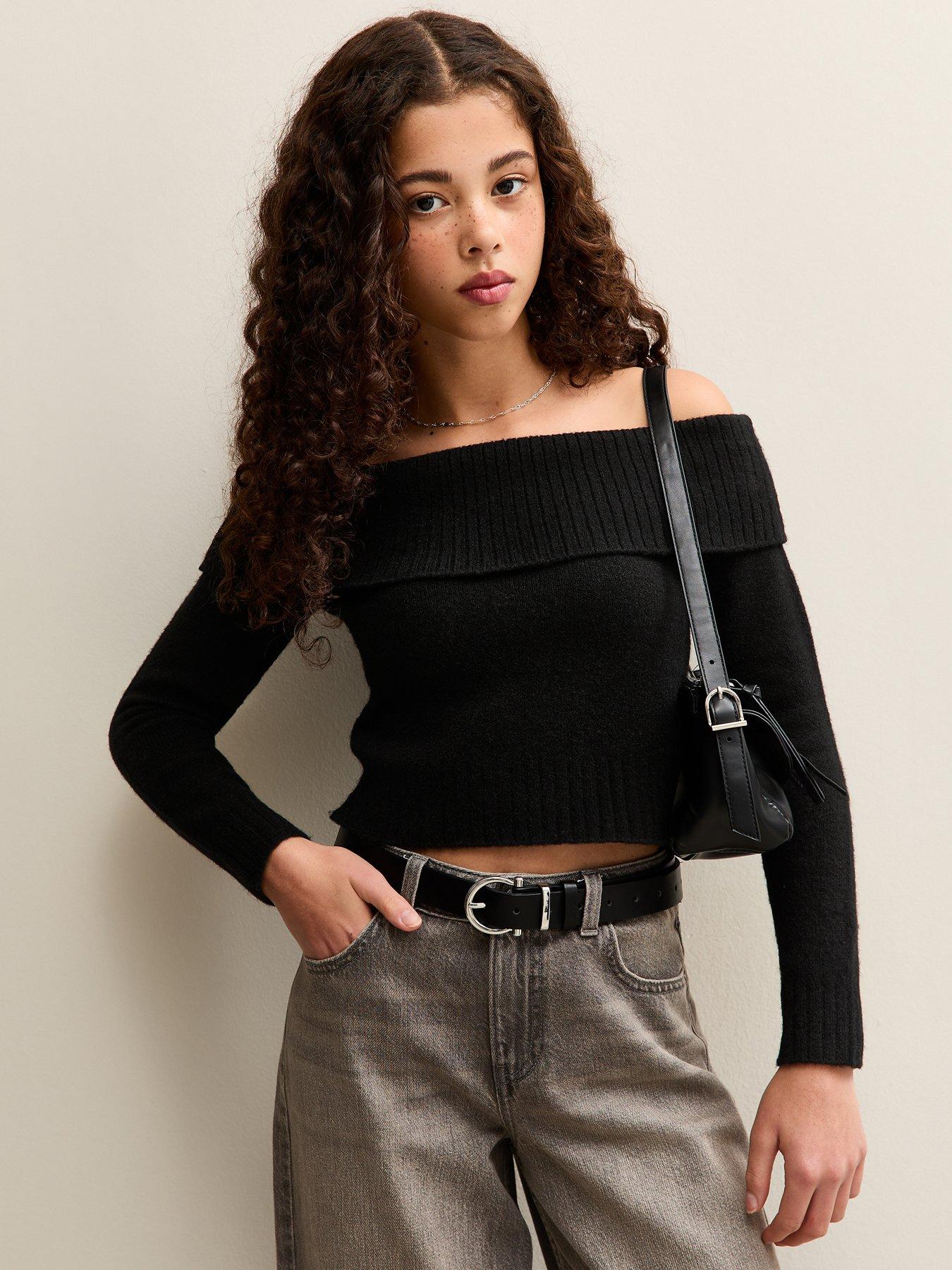 new-look-915-girls-fold-over-bardot-knitted-jumper-black