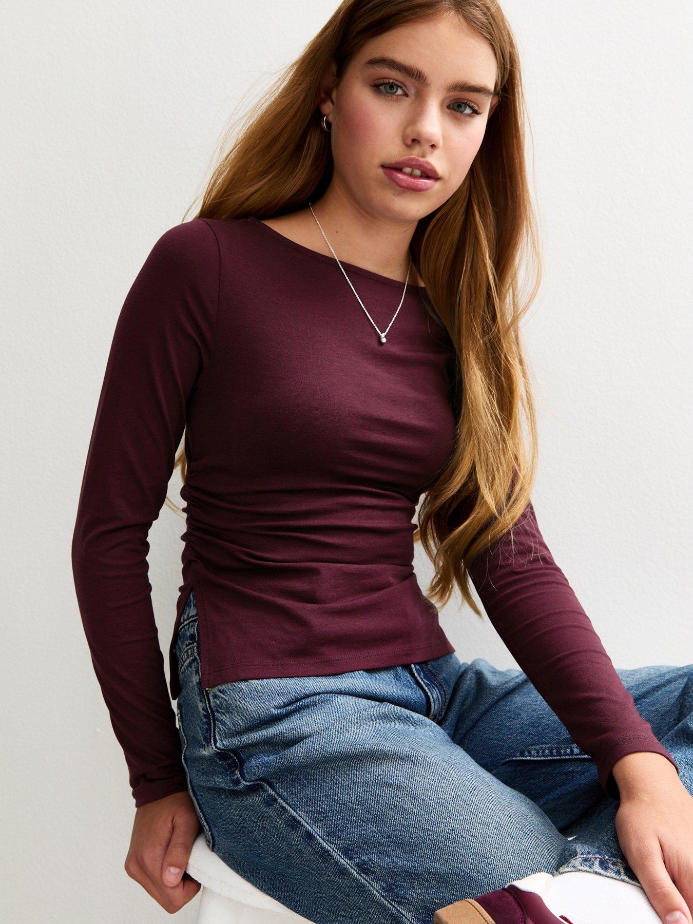 new-look-915-girlsnbsplong-sleeve-ruched-side-slit-top-dark-burgundy