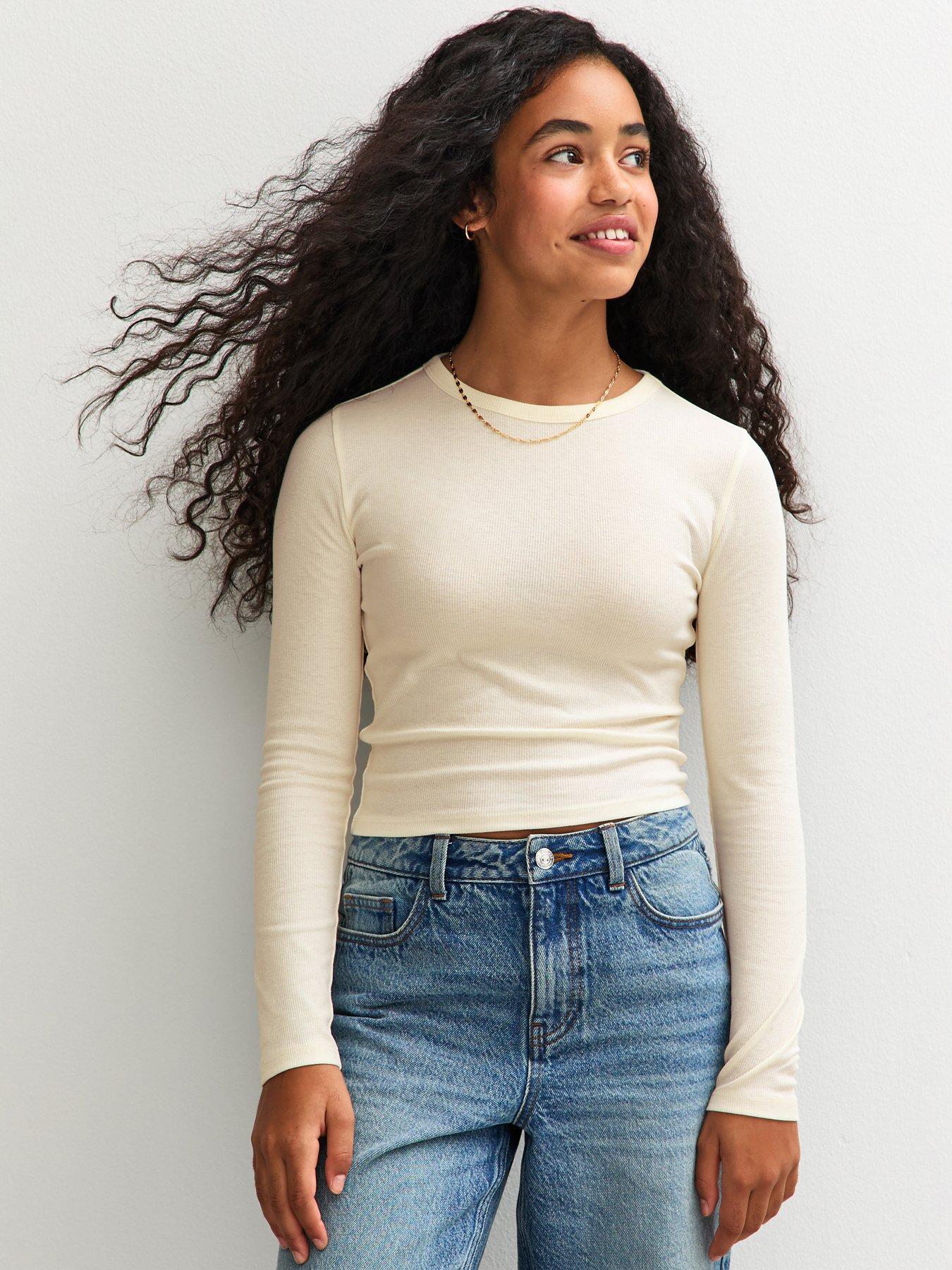 Image 1 of 4 of New Look 915 Girls Ribbed Baby Tee Long Sleeve Top - Off White