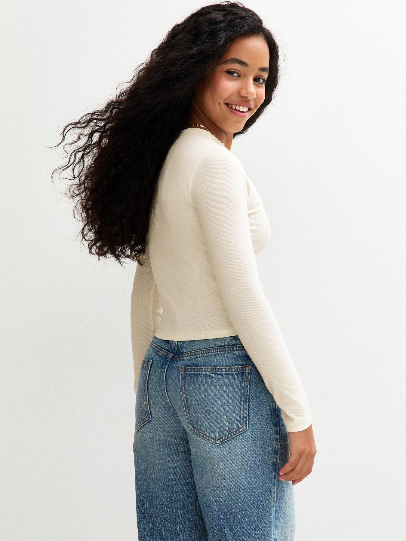 Image 2 of 4 of New Look 915 Girls Ribbed Baby Tee Long Sleeve Top - Off White