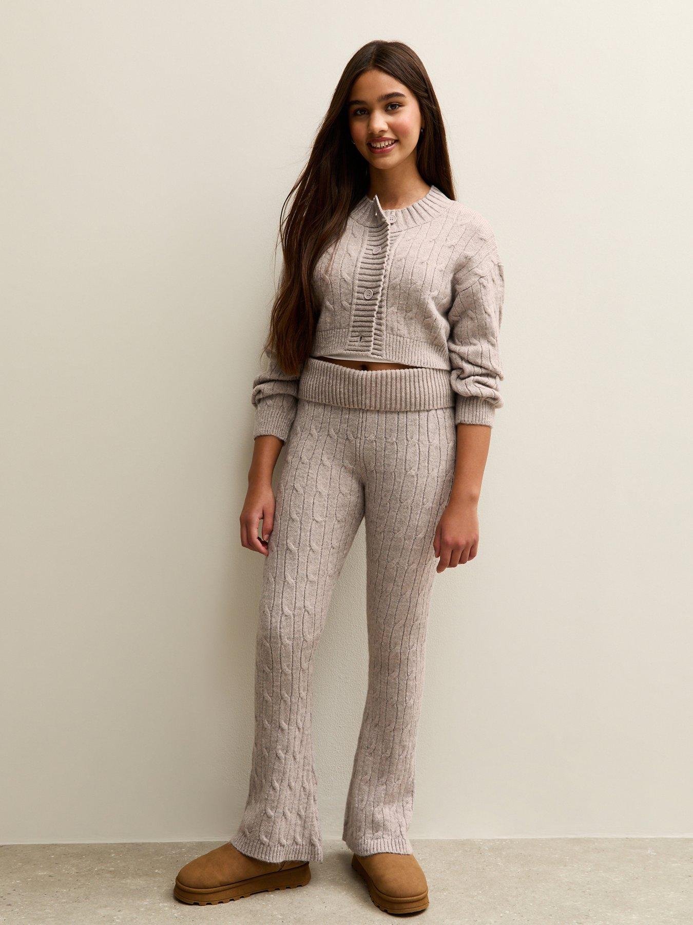 New Look 915 Girls Stone Cable Knit Flared Trousers - Off White