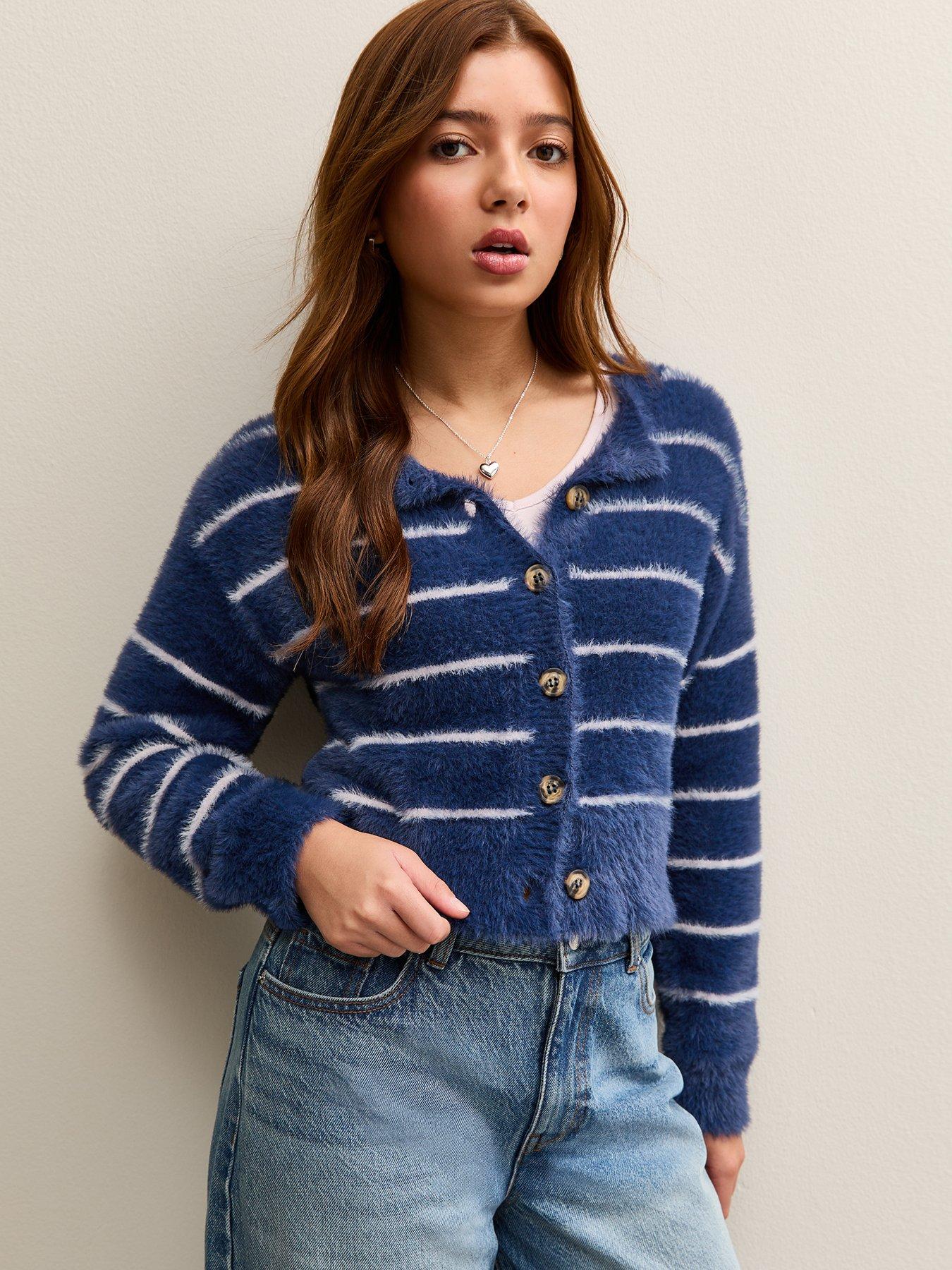 New Look 915 Girls Fluffy Striped Cardigan - Blue