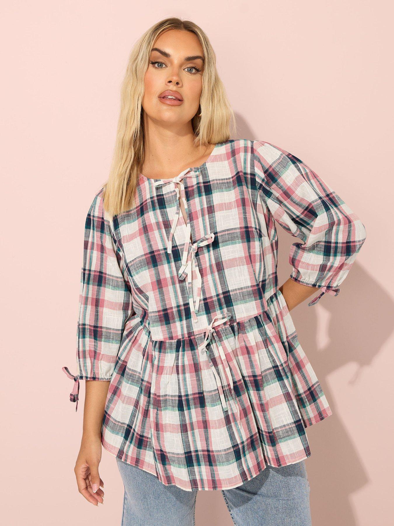 Image 1 of 4 of Yours Curve Short Sleeve Check Tie Front Top - Natural
