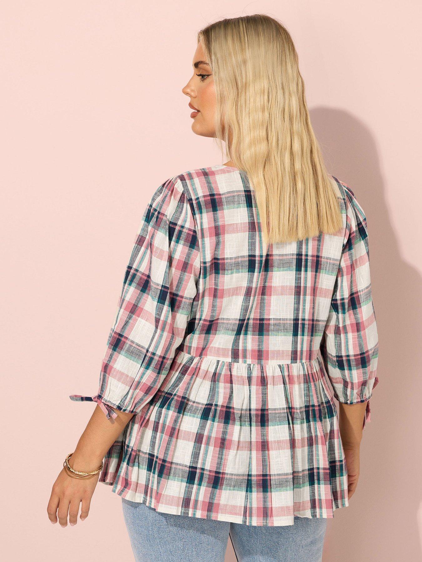 yours-curve-short-sleeve-check-tie-front-top-naturalstillFront