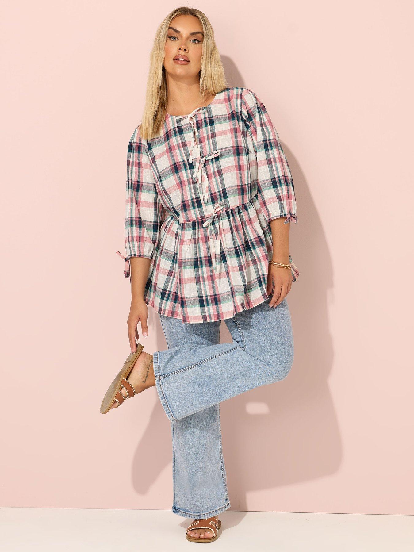 yours-curve-short-sleeve-check-tie-front-top-naturalback