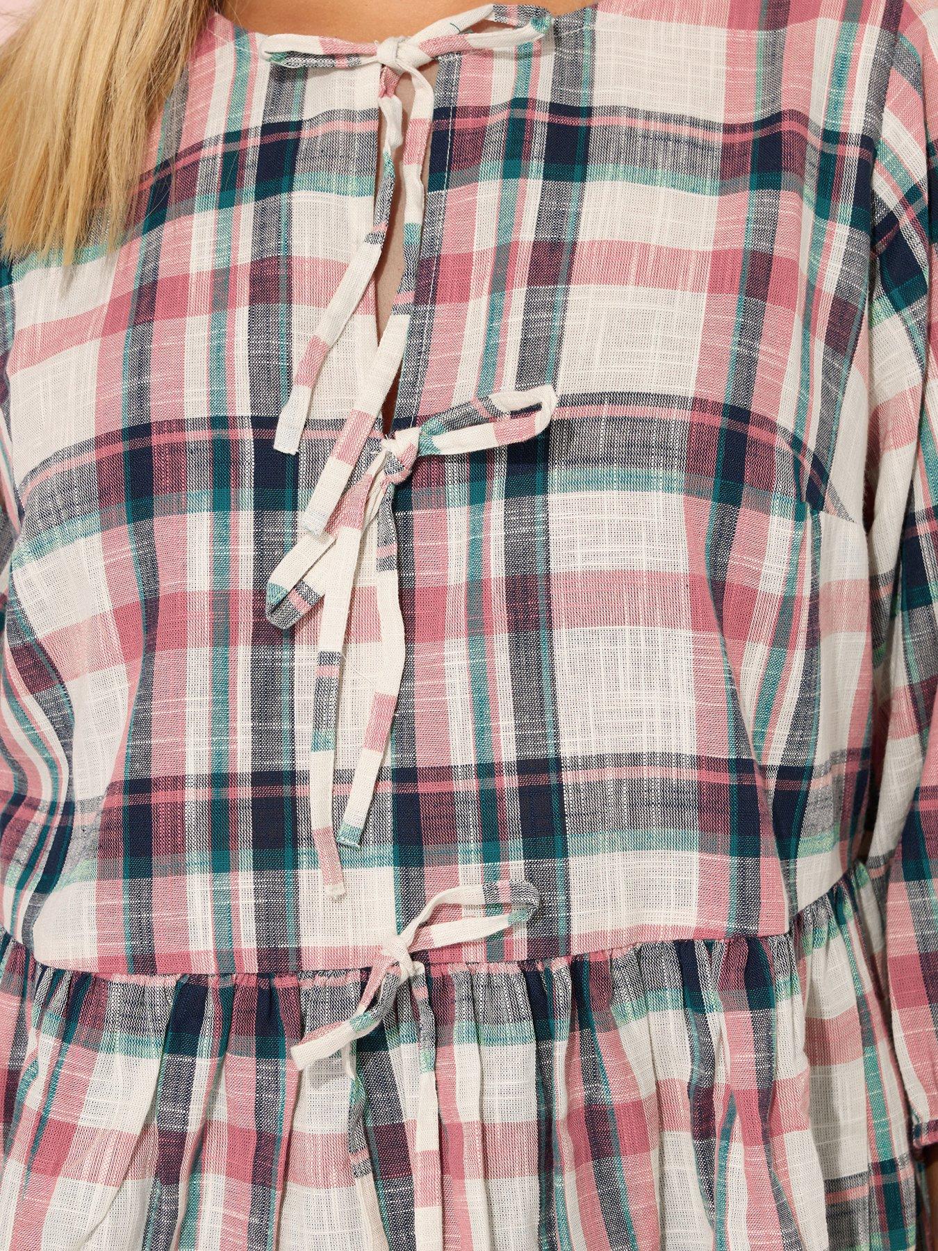 yours-curve-short-sleeve-check-tie-front-top-naturaloutfit