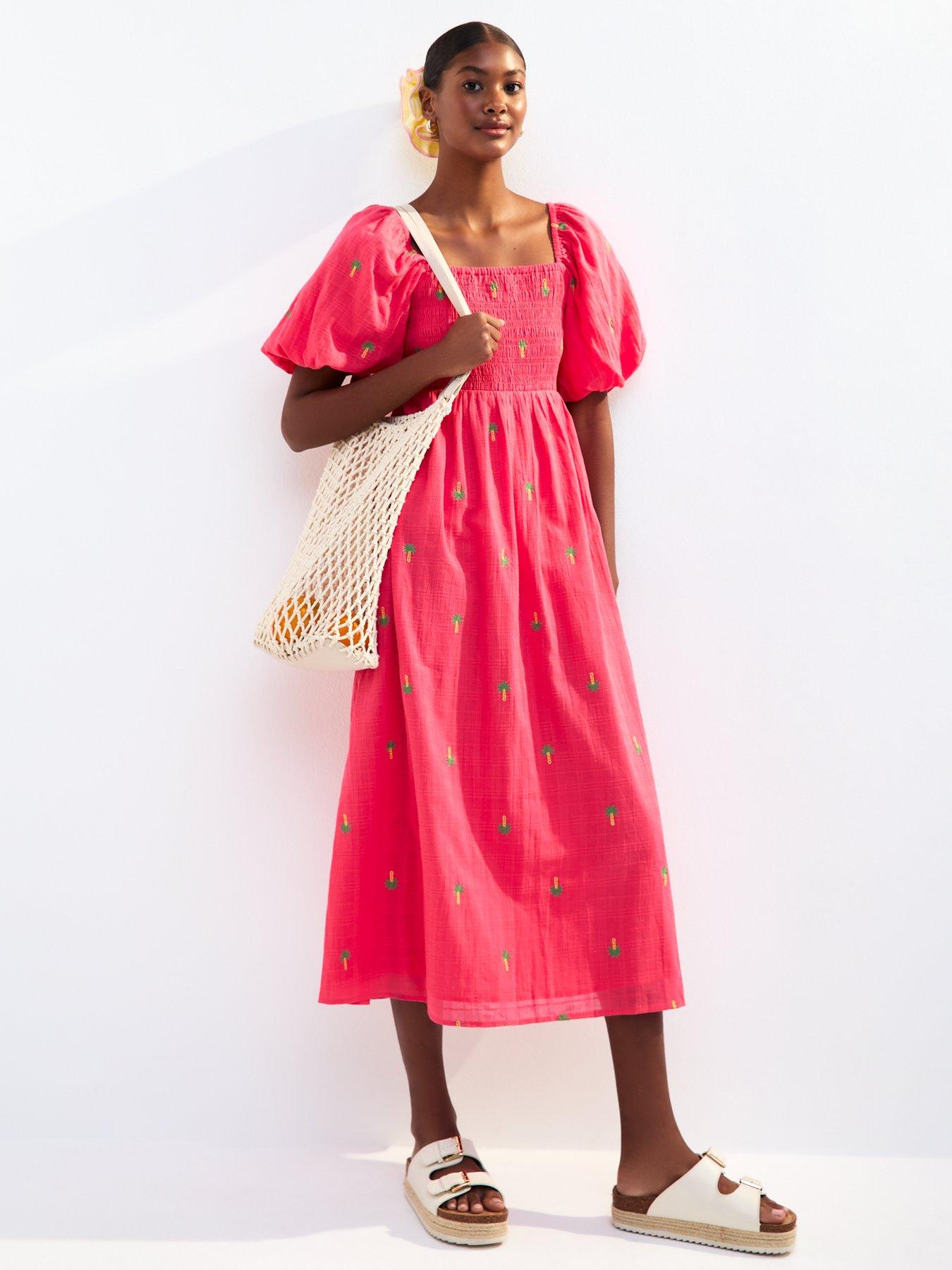 New Look Pink Palm Embroidered Shirred Midi Dress