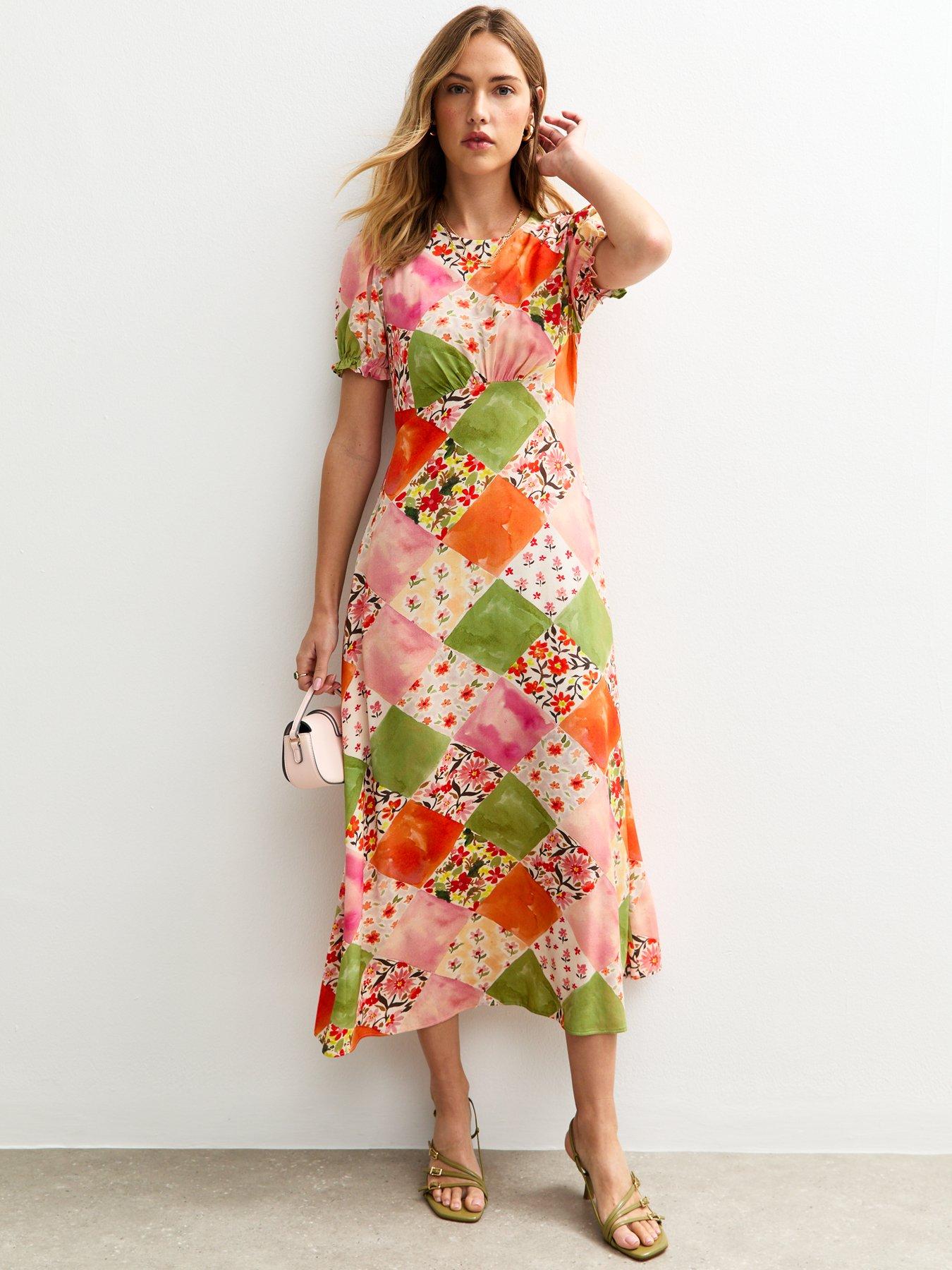 New Look Orange Patchwork Print Puff Sleeve Midi Dress