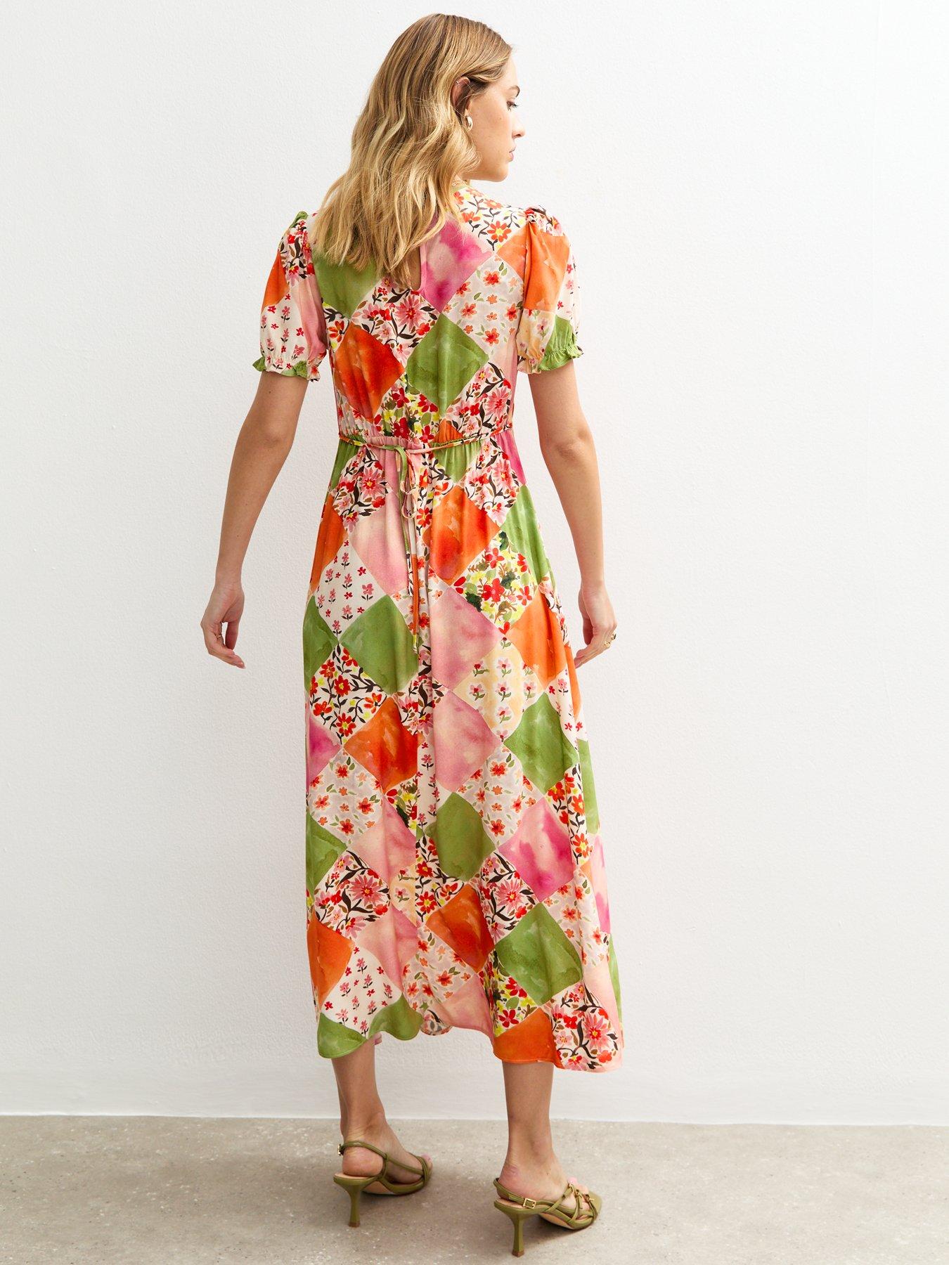 new-look-orange-patchwork-print-puff-sleeve-midi-dressstillFront