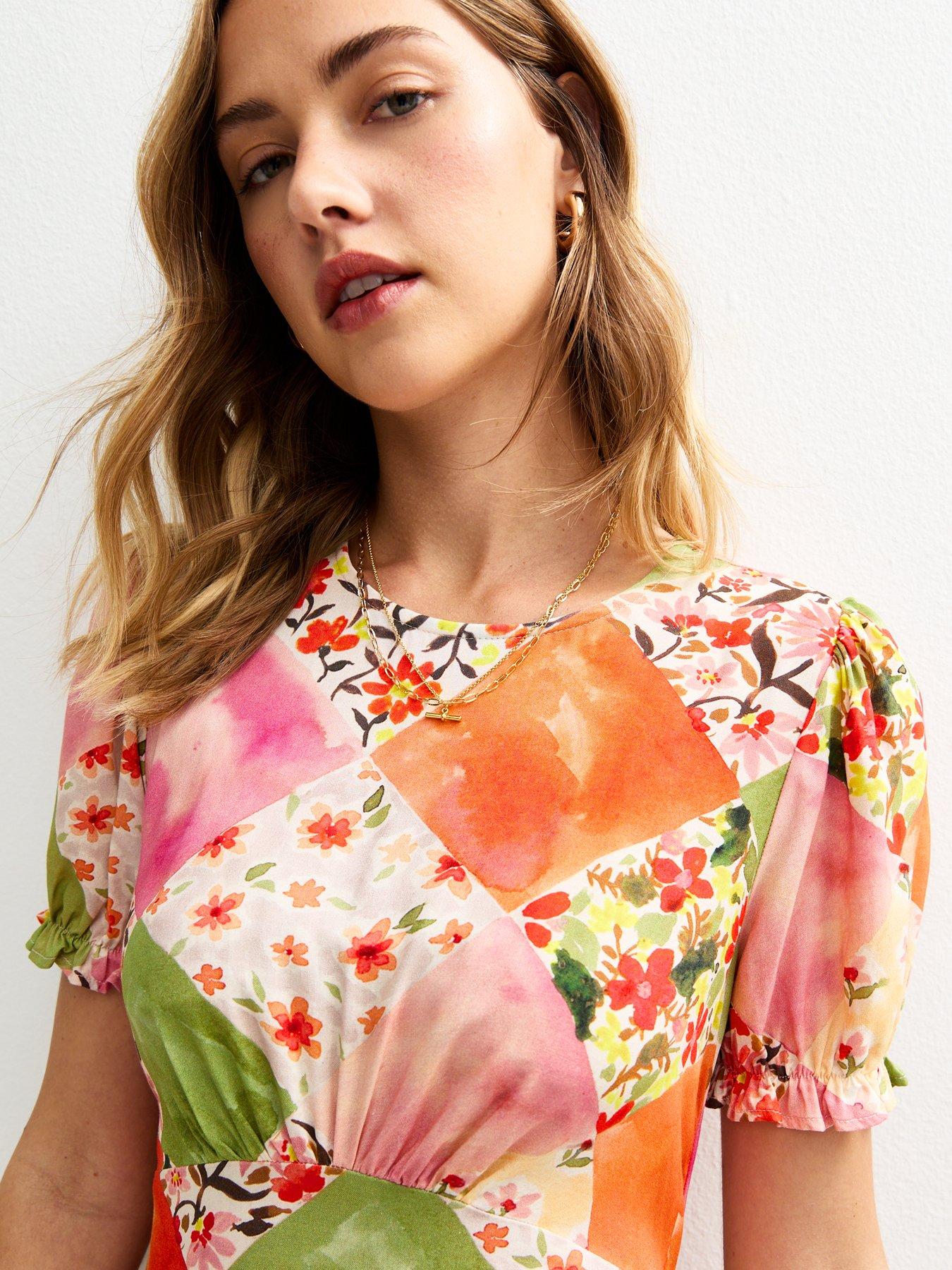 new-look-orange-patchwork-print-puff-sleeve-midi-dressoutfit