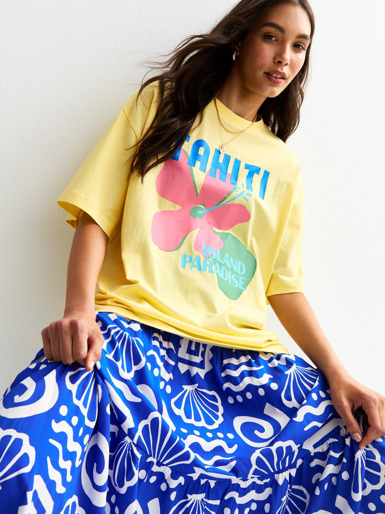 New Look Light Yellow Tahiti Flower Print T-shirt