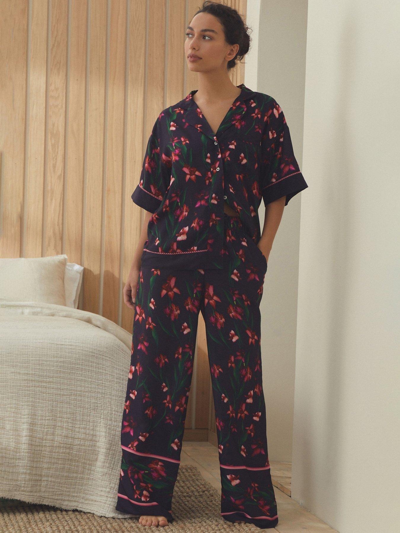 Image 1 of 6 of B By Ted Baker Floral Satin Pyjama Set - Navy
