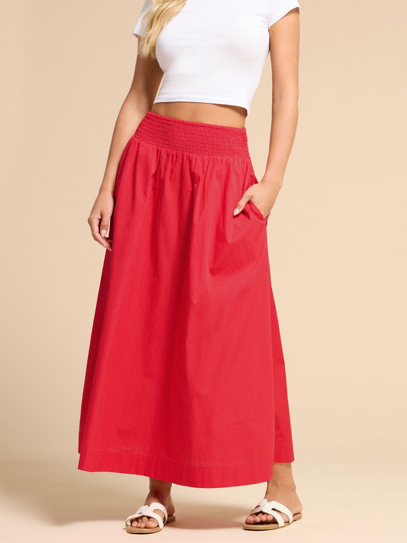 PixieGirl Petite Poplin Shirred Midi Skirt - Red
