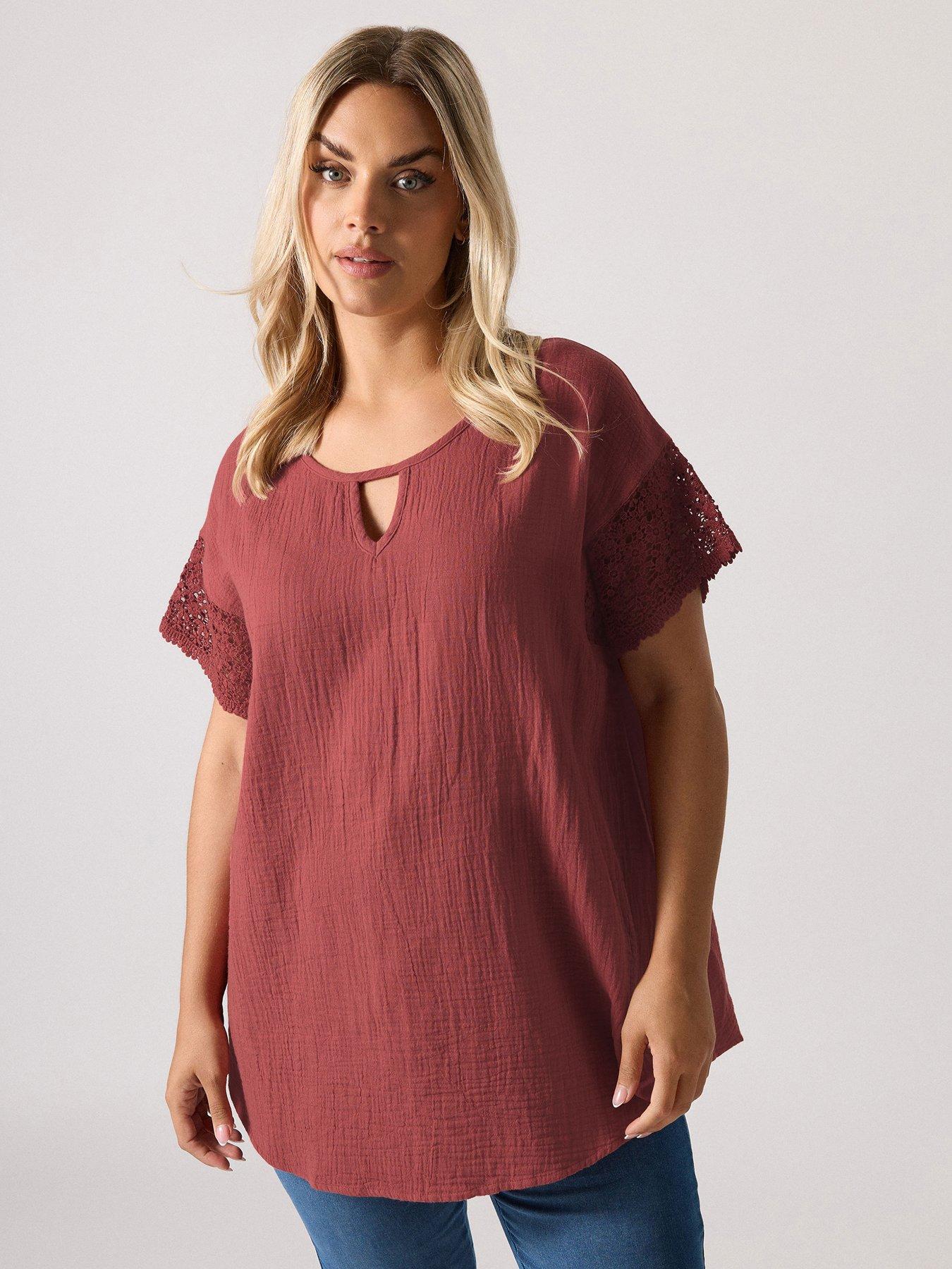 undefined Curve Cheesecloth Crochet Keyhole Top