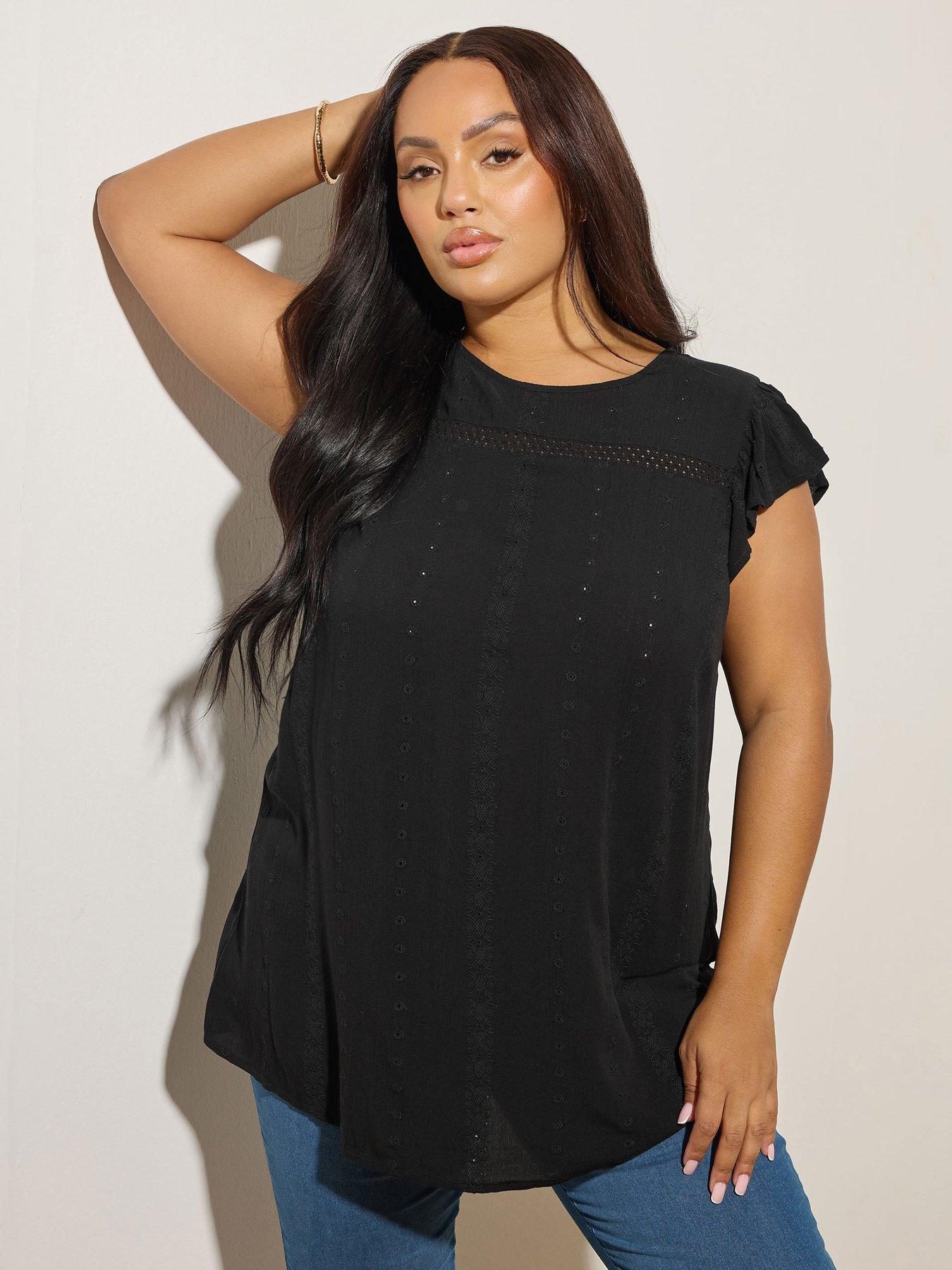 Yours Curve Embroidered Crinkle Top - Black