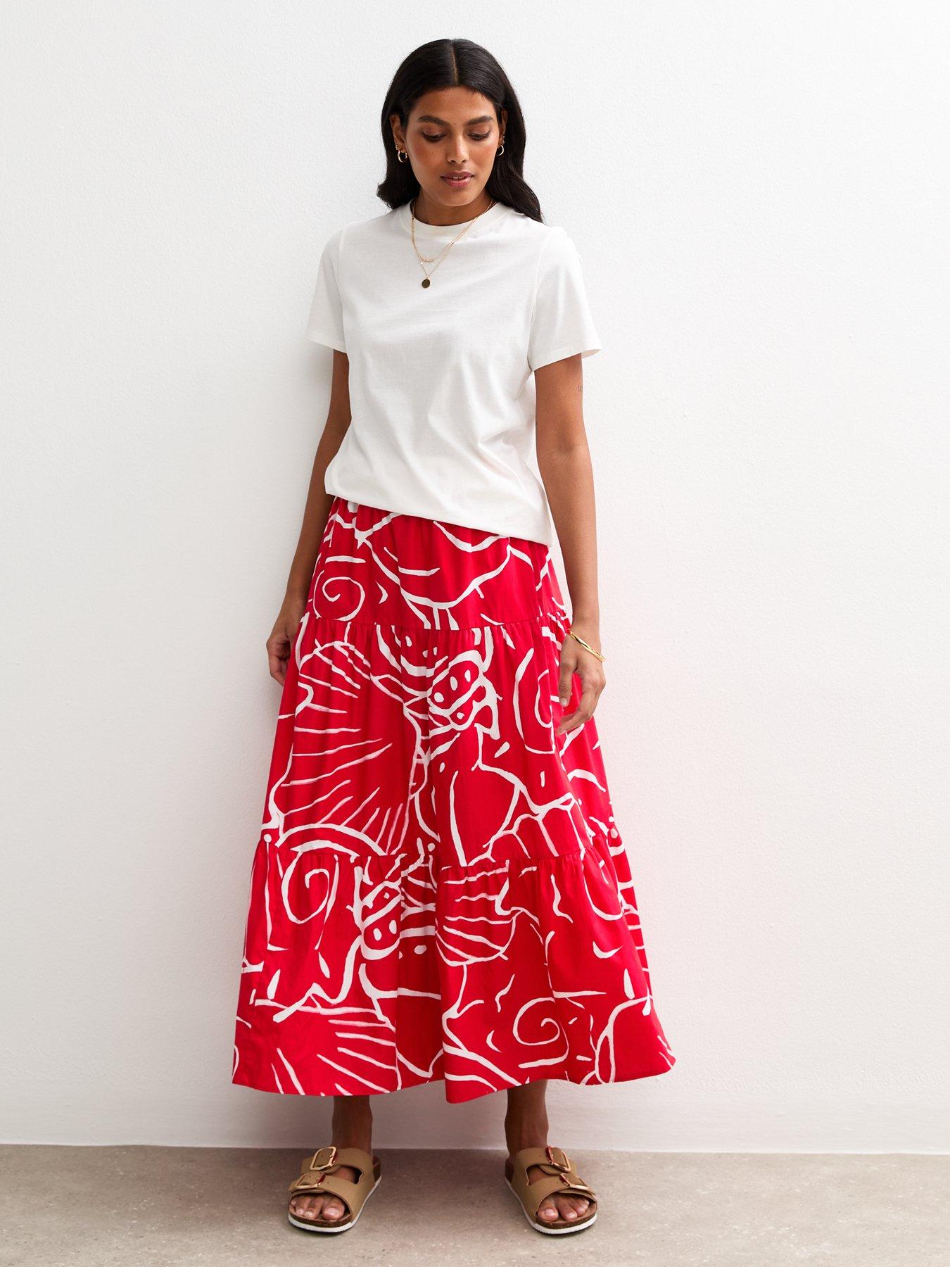 New Look Red Shell Print Poplin Tiered Midi Skirt