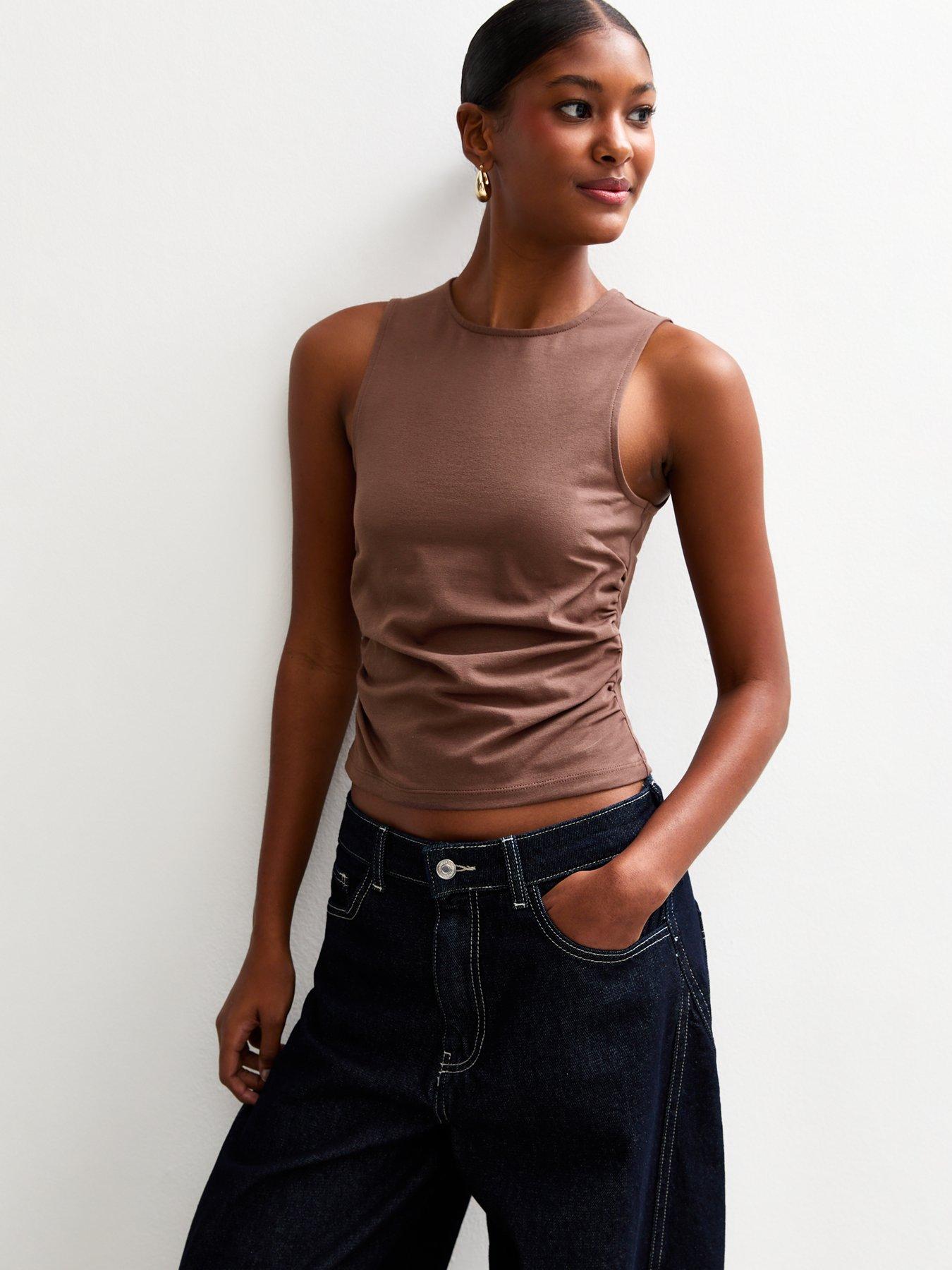 new-look-dark-brown-ruched-waist-sleeveless-tank-top