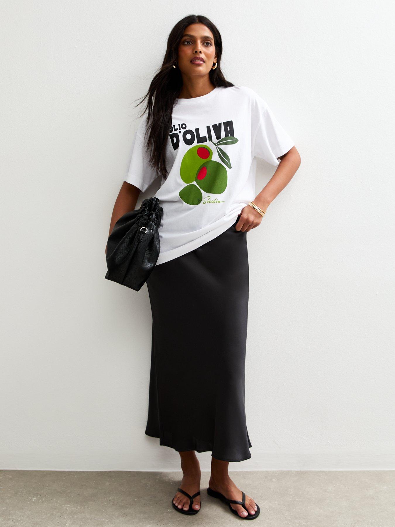 Image 1 of 4 of New Look Black Bias Cut Satin Midi Skirt