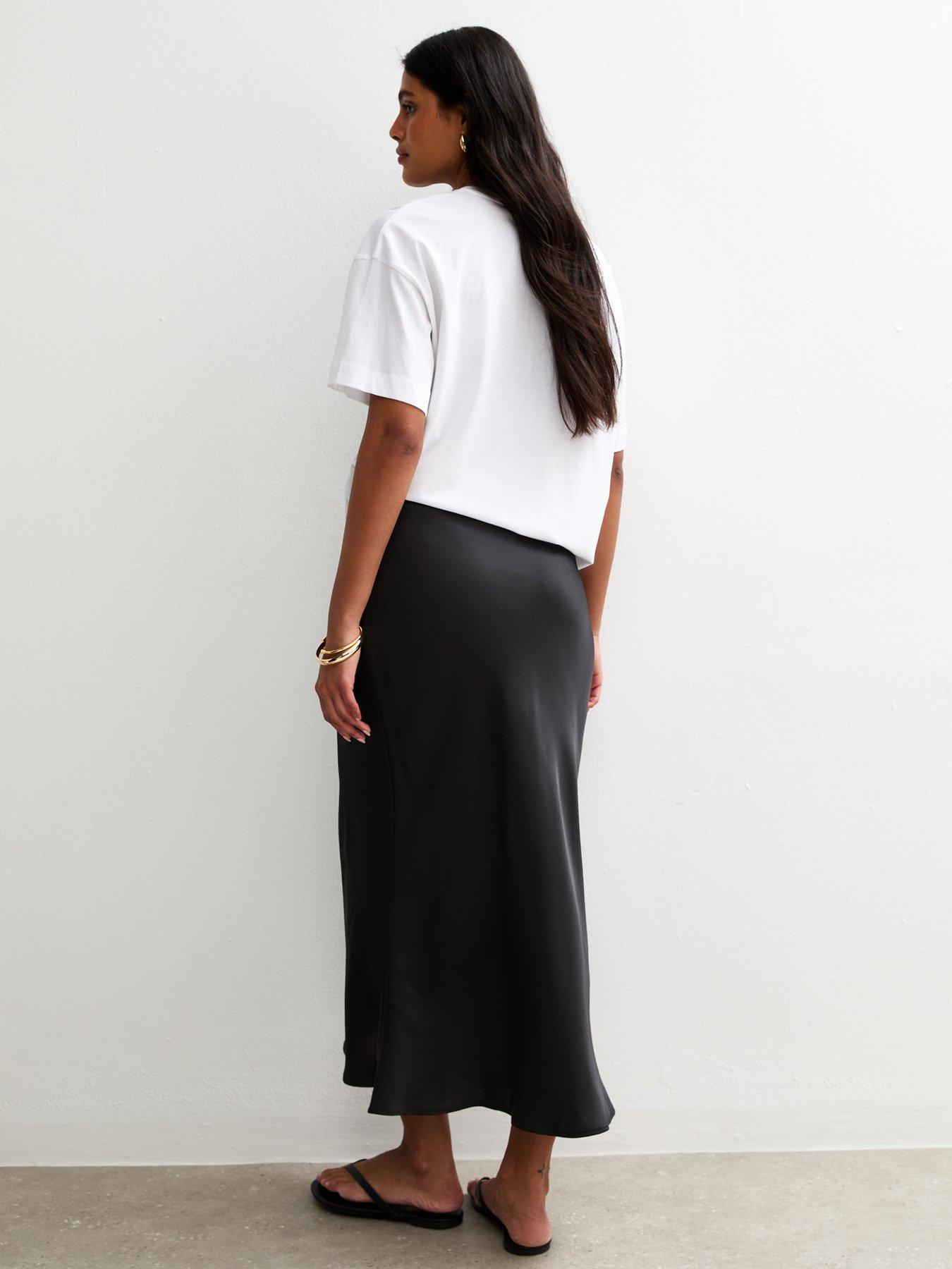 Image 2 of 4 of New Look Black Bias Cut Satin Midi Skirt