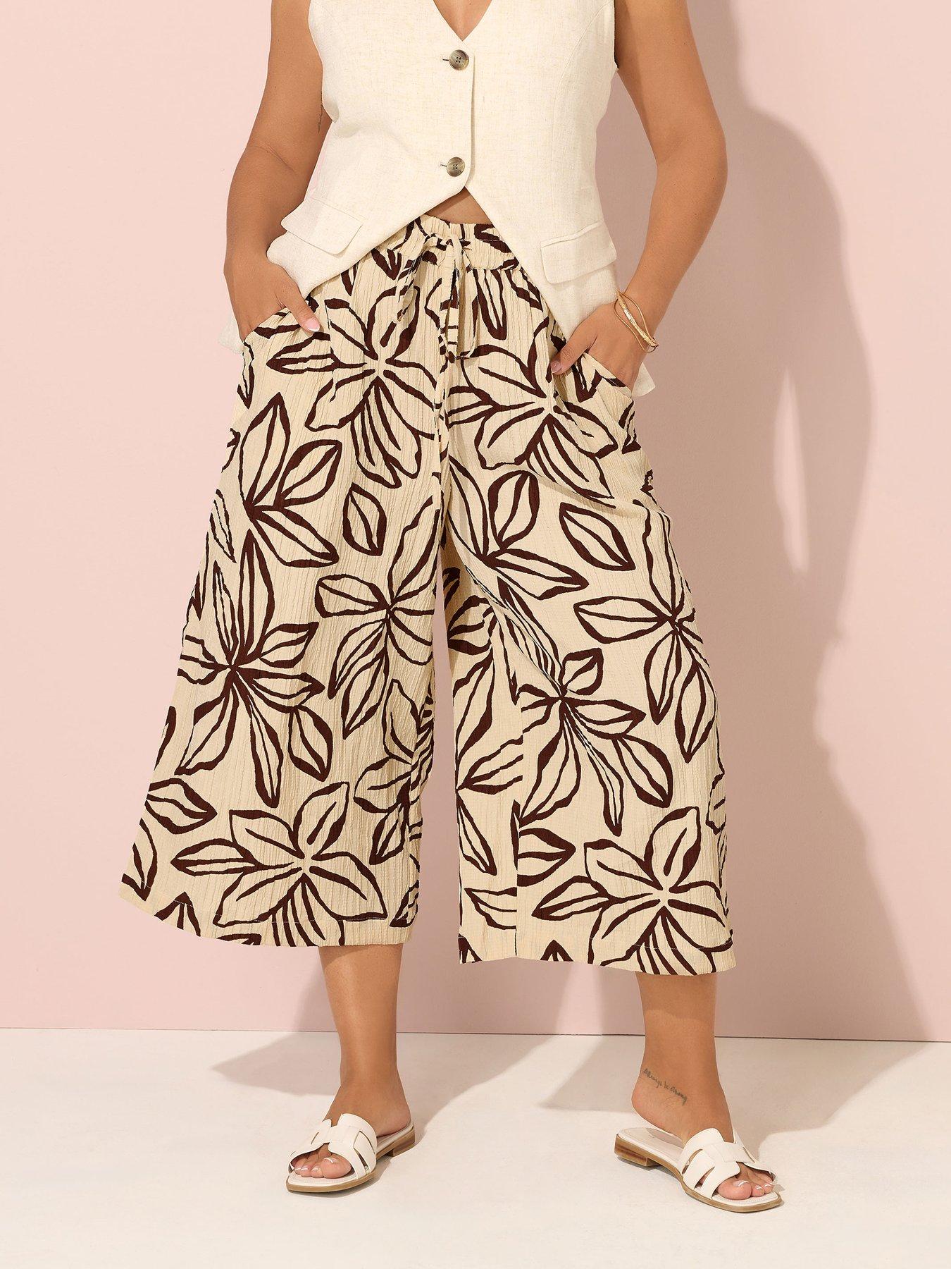 Image of Yours Curve Stone Brown Textured Floral Midaxi Culottes - Natural