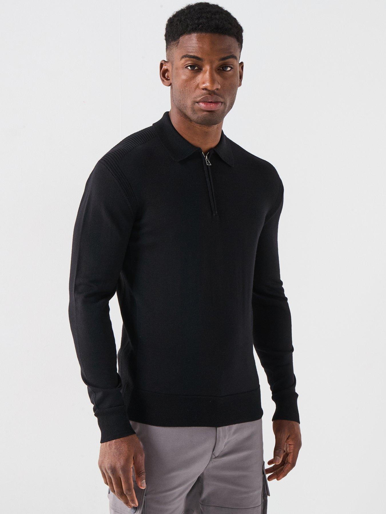 Belstaff Kyle Knitted Zip Neck Long Sleeve Polo Shirt - Black