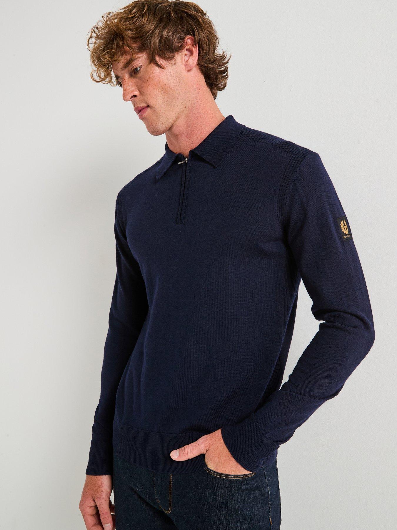 Belstaff Kyle Knitted Zip Neck Long Sleeve Polo Shirt - Navy