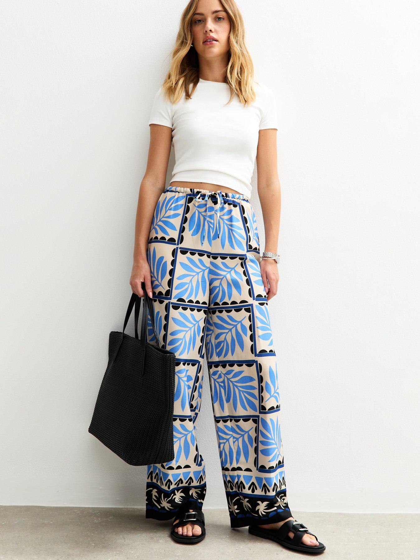 New Look Blue Crepe Palm Print Wide Leg Trousers