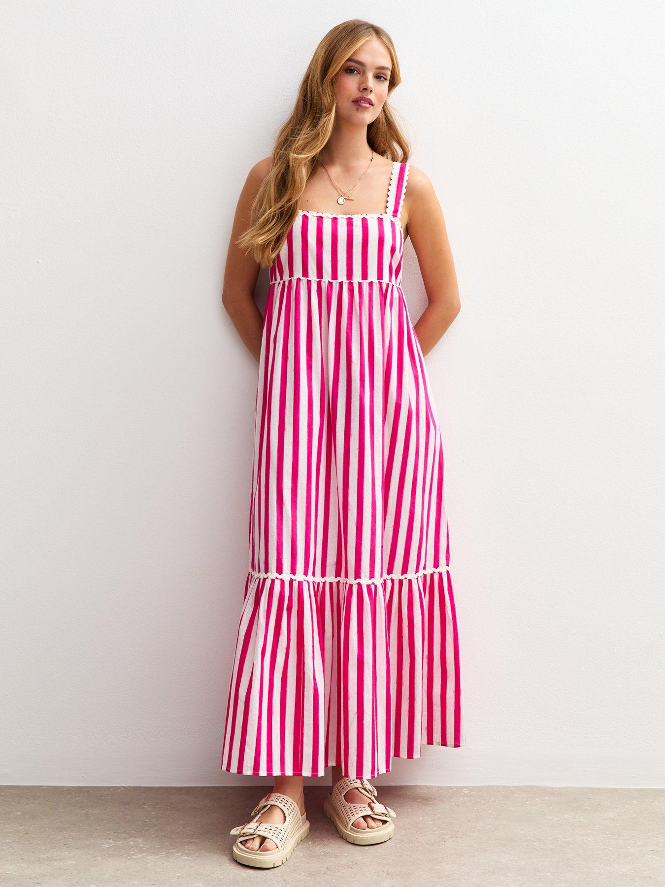 New Look Pink Striped Scalloped Edge Midi Dress