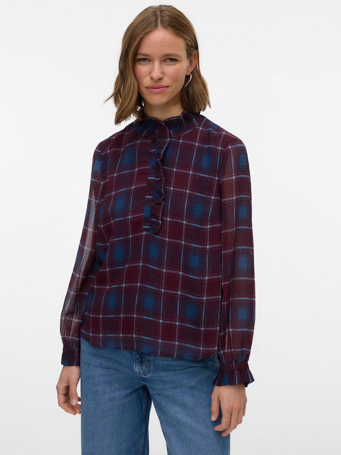Vero Moda Long Sleeve Check Top - Dark Red