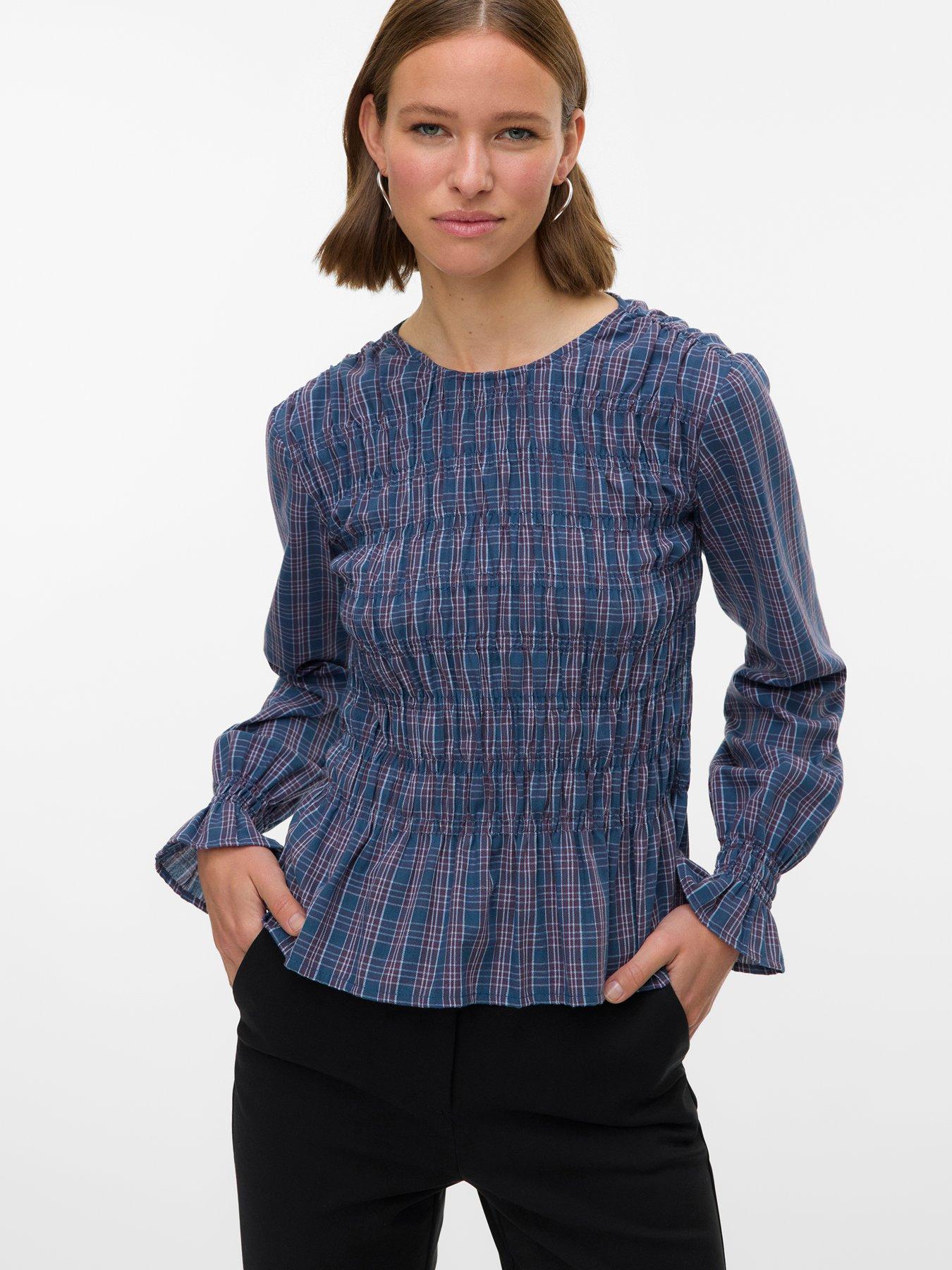 vero-moda-long-sleeve-check-print-shirred-top-blue