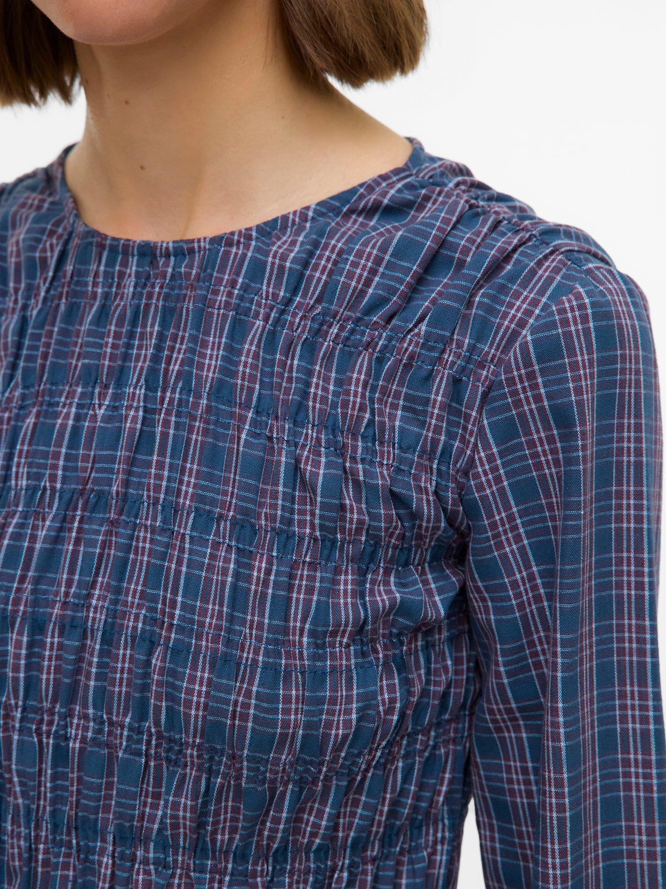 Image 3 of 4 of Vero Moda Long Sleeve Check Print Shirred Top - Blue