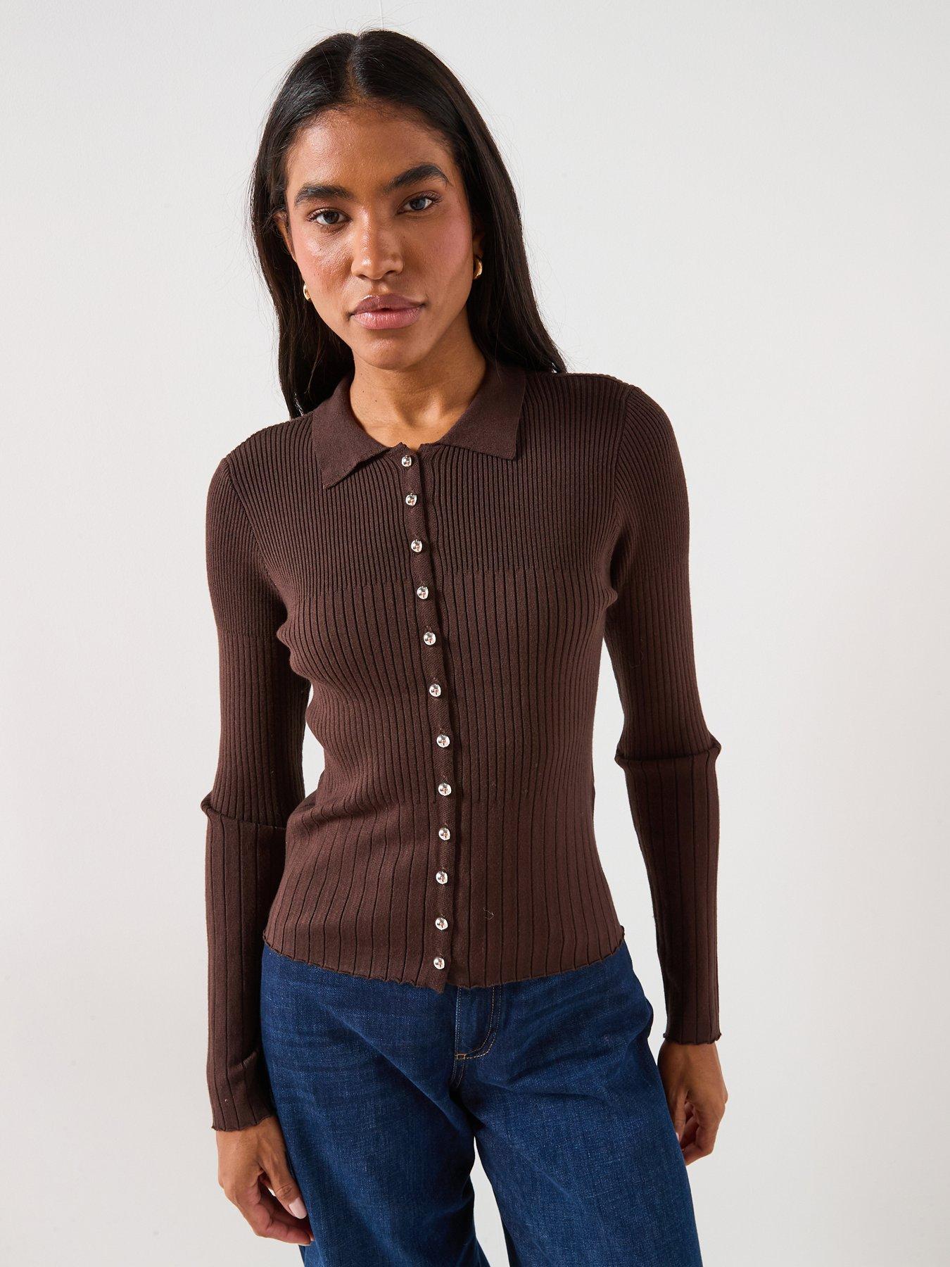 Vero Moda Siri Long Sleeve Polo Top - Brown