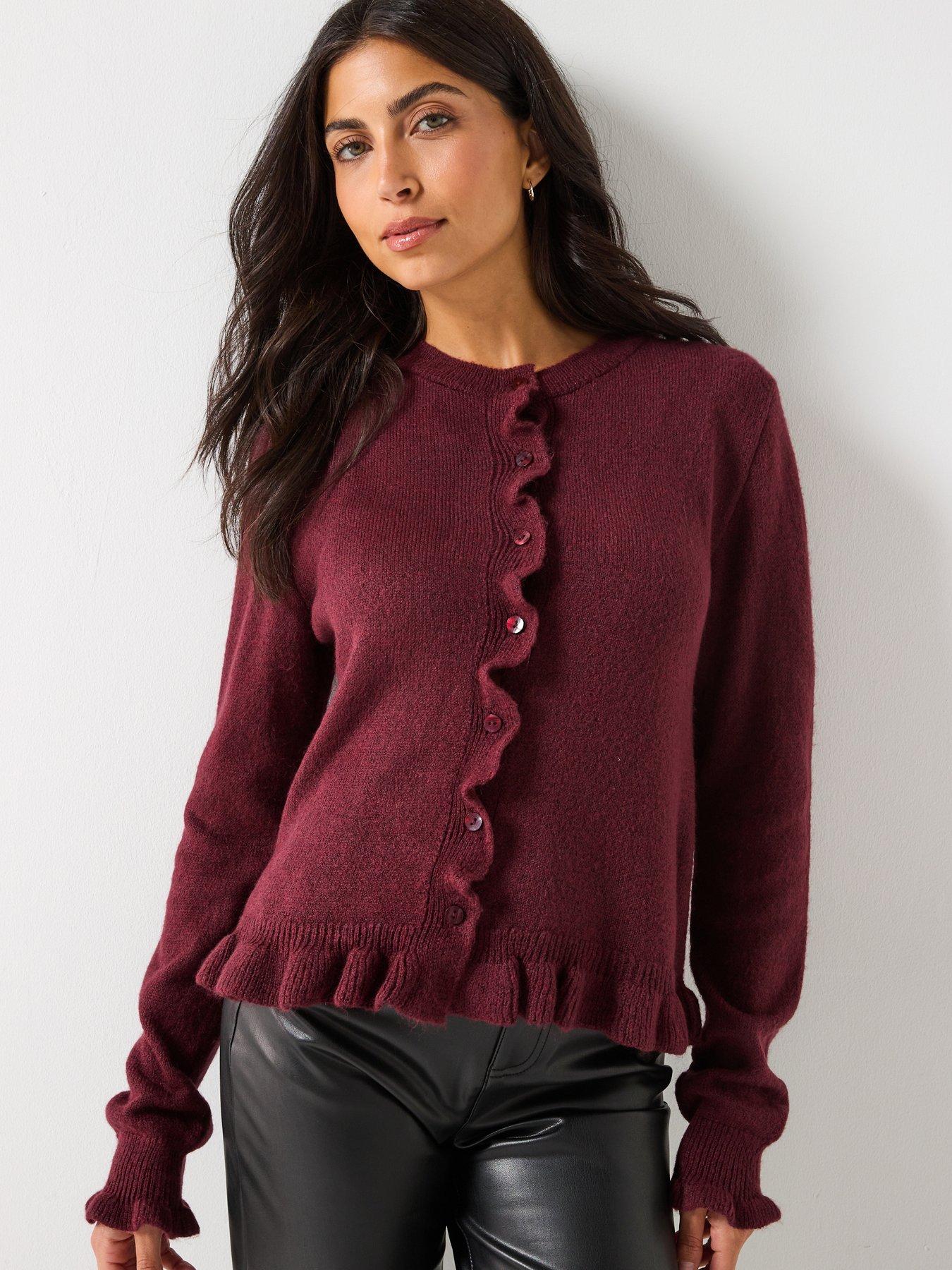 JDY Long Sleeve Frill Knitted Cardigan - Burgundy