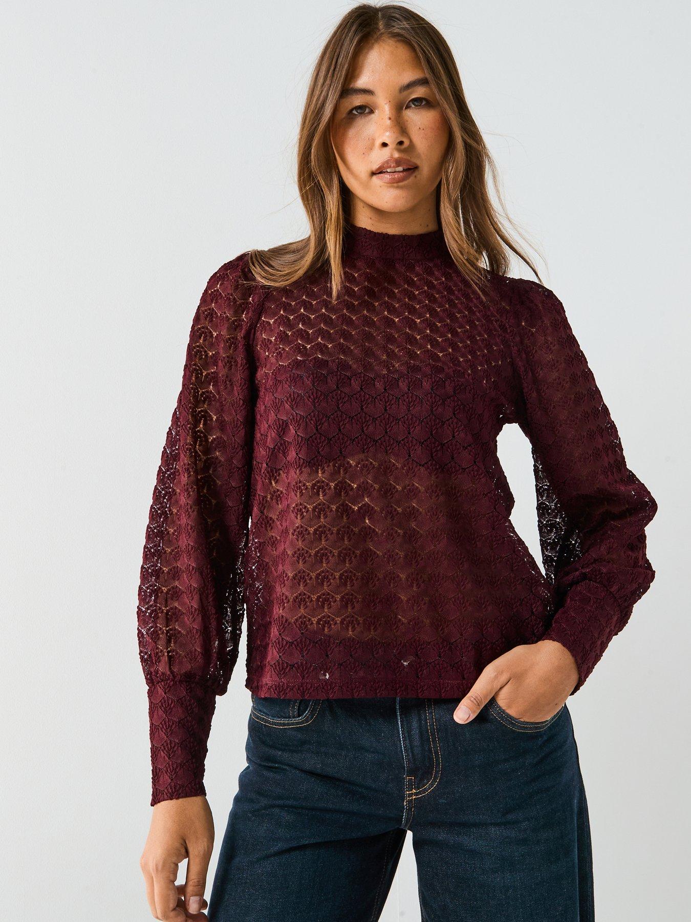 Vero Moda Becca Long Sleeve High Neck Lace Top - Red