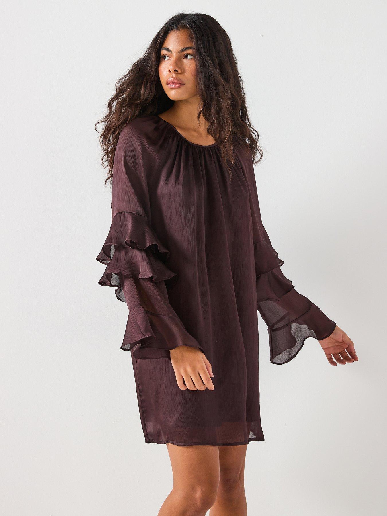 Vero Moda Lola Long Sleeve Frill Mini Dress - Brown