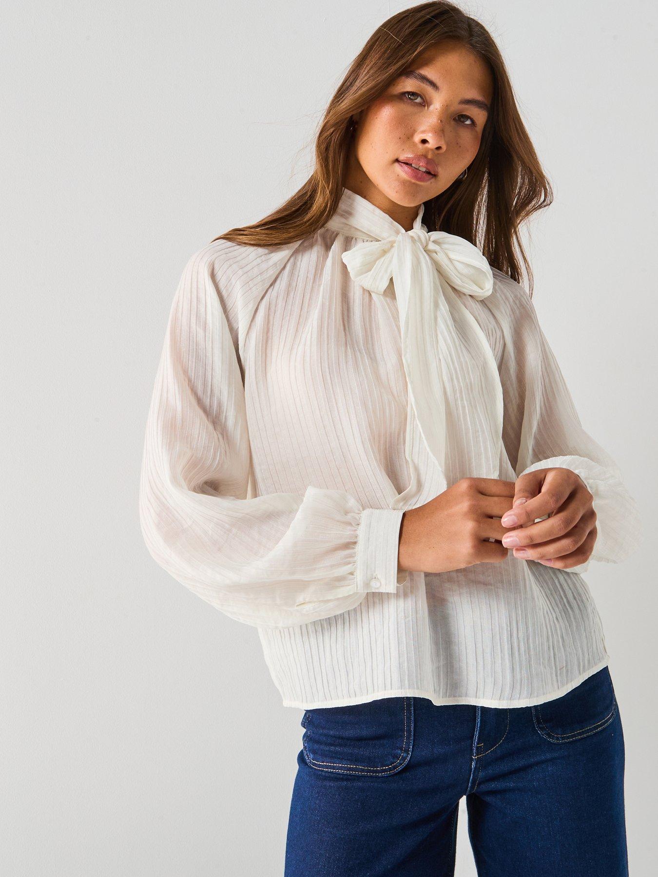 Image 1 of 5 of JDY Norma Long Sleeve Bow Tie Neck Blouse - White