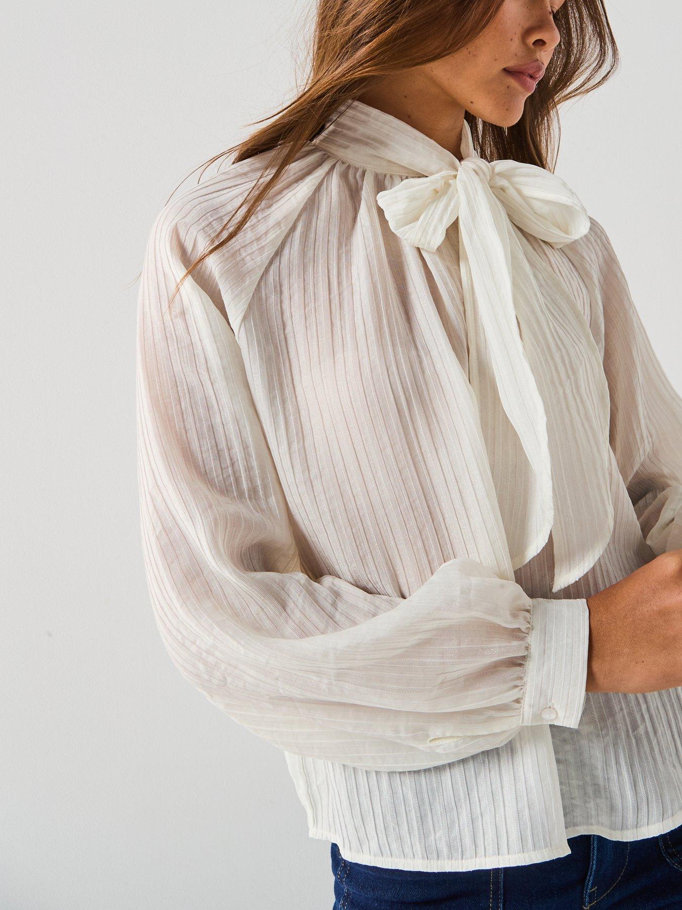 Image 5 of 5 of JDY Norma Long Sleeve Bow Tie Neck Blouse - White