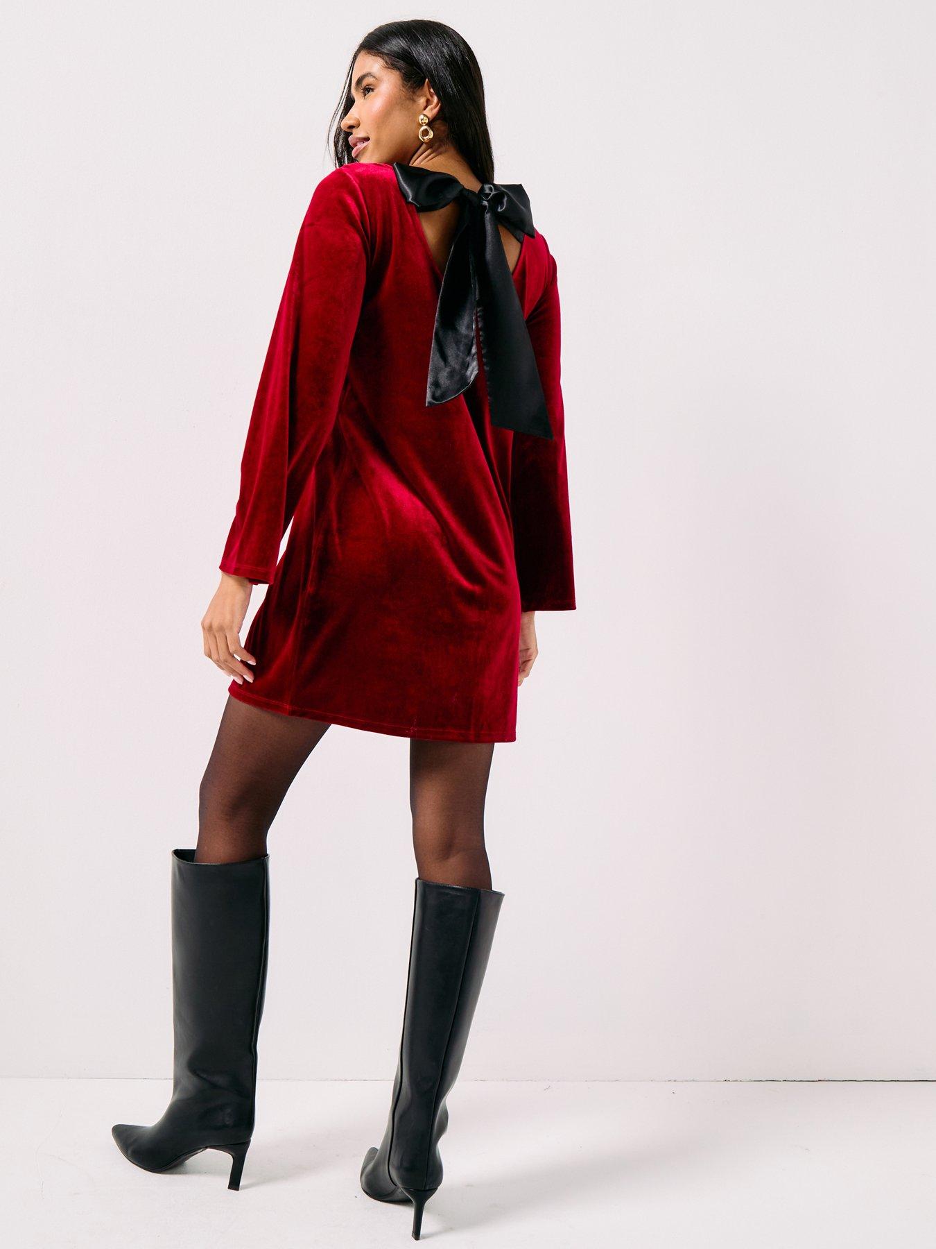 JDY Long Sleeve Velvet Bow Mini Dress - Red