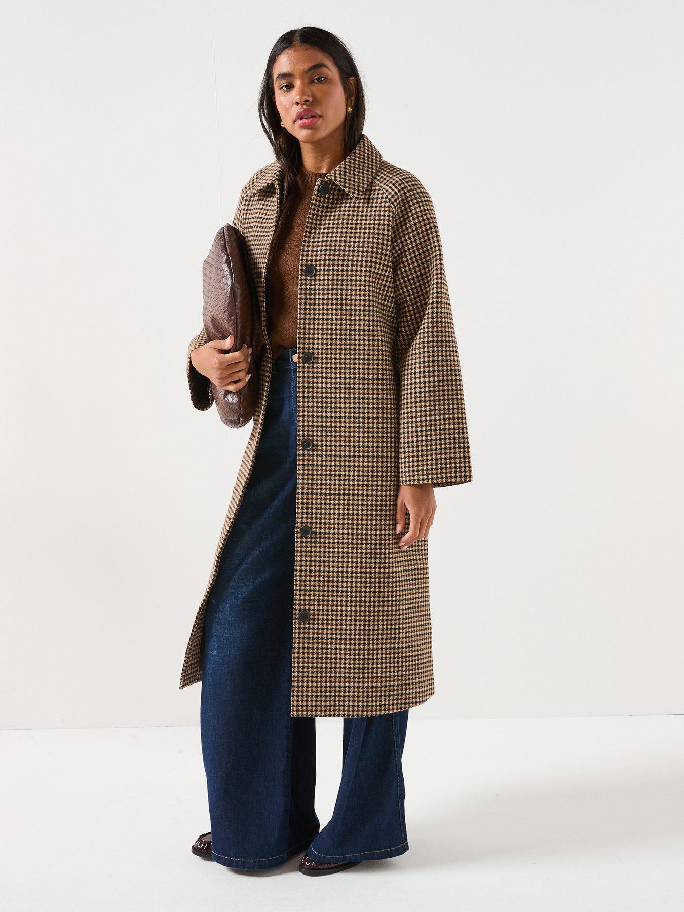 jdy-check-collared-belt-long-coat-brown