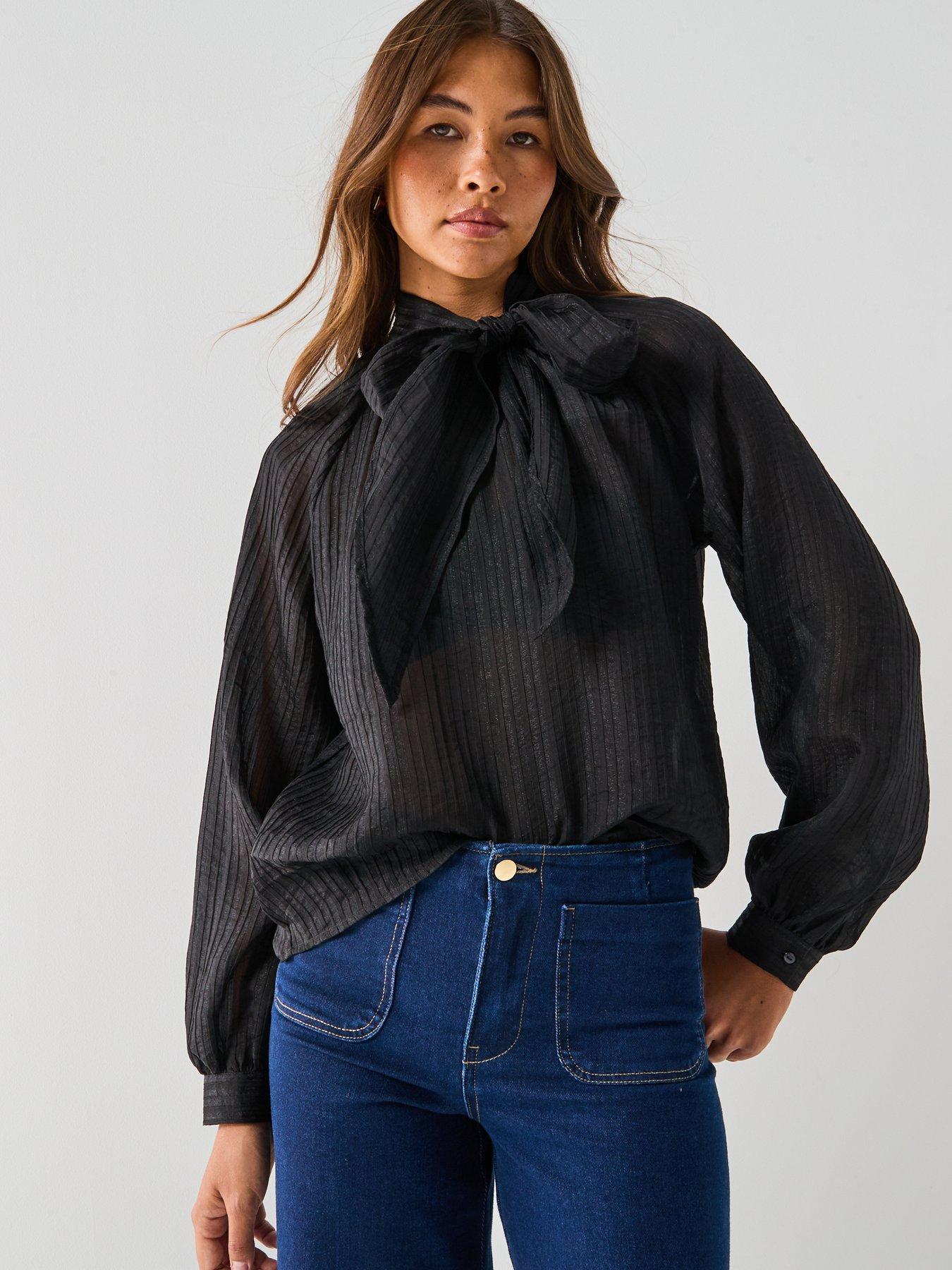 Image 1 of 6 of JDY Norma Long Sleeve Bow Tie Neck Blouse - Black