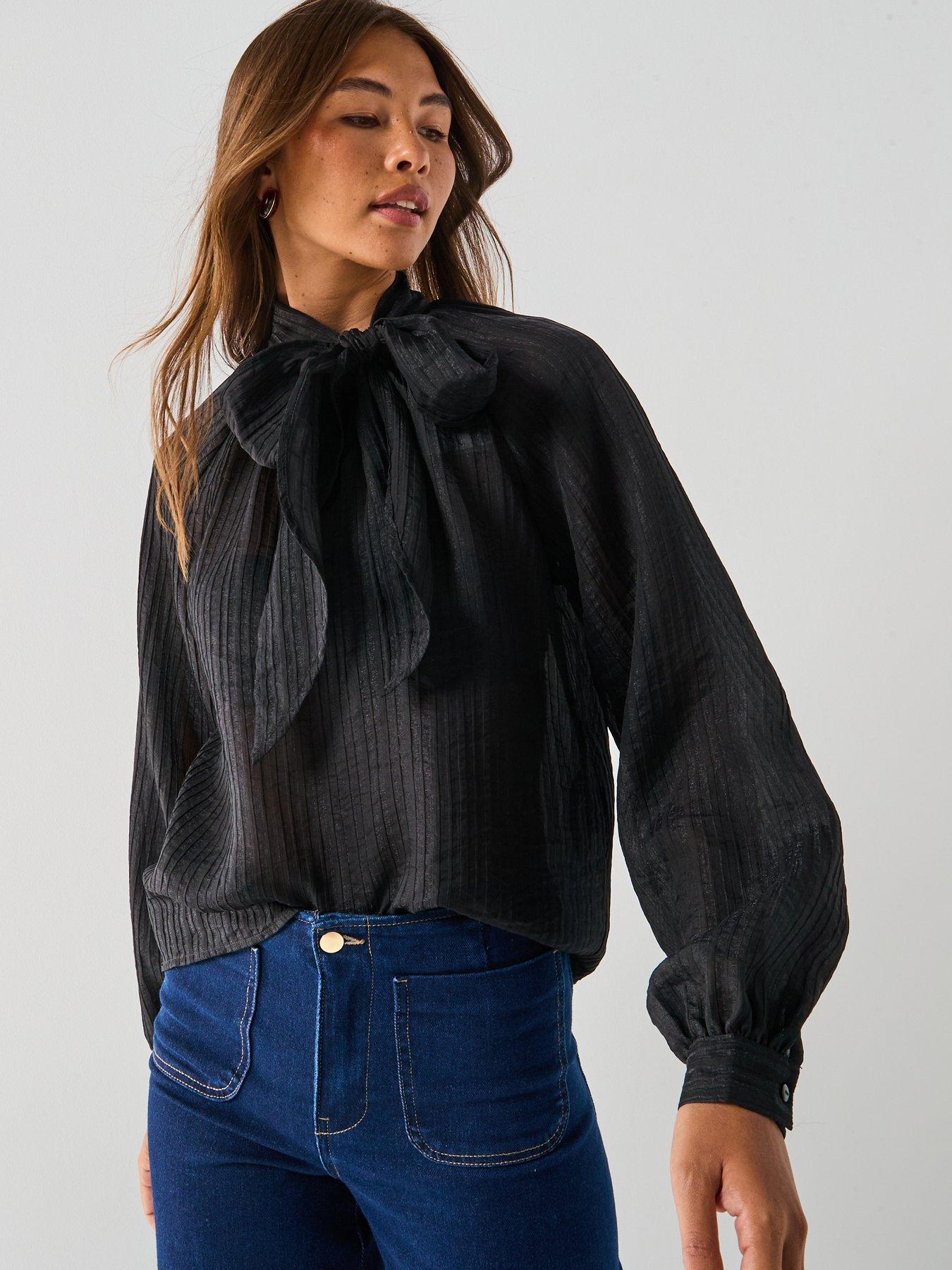 Image 5 of 6 of JDY Norma Long Sleeve Bow Tie Neck Blouse - Black