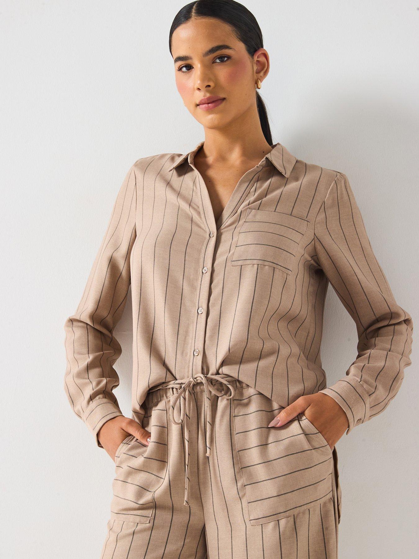 Vero Moda Odette Long Sleeve V Neck Woven Shirt - Beige