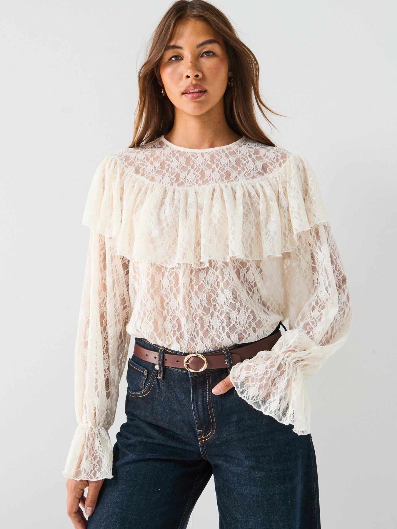 Vero Moda Loulou Long Sleeve Flounce Lace Top - Cream
